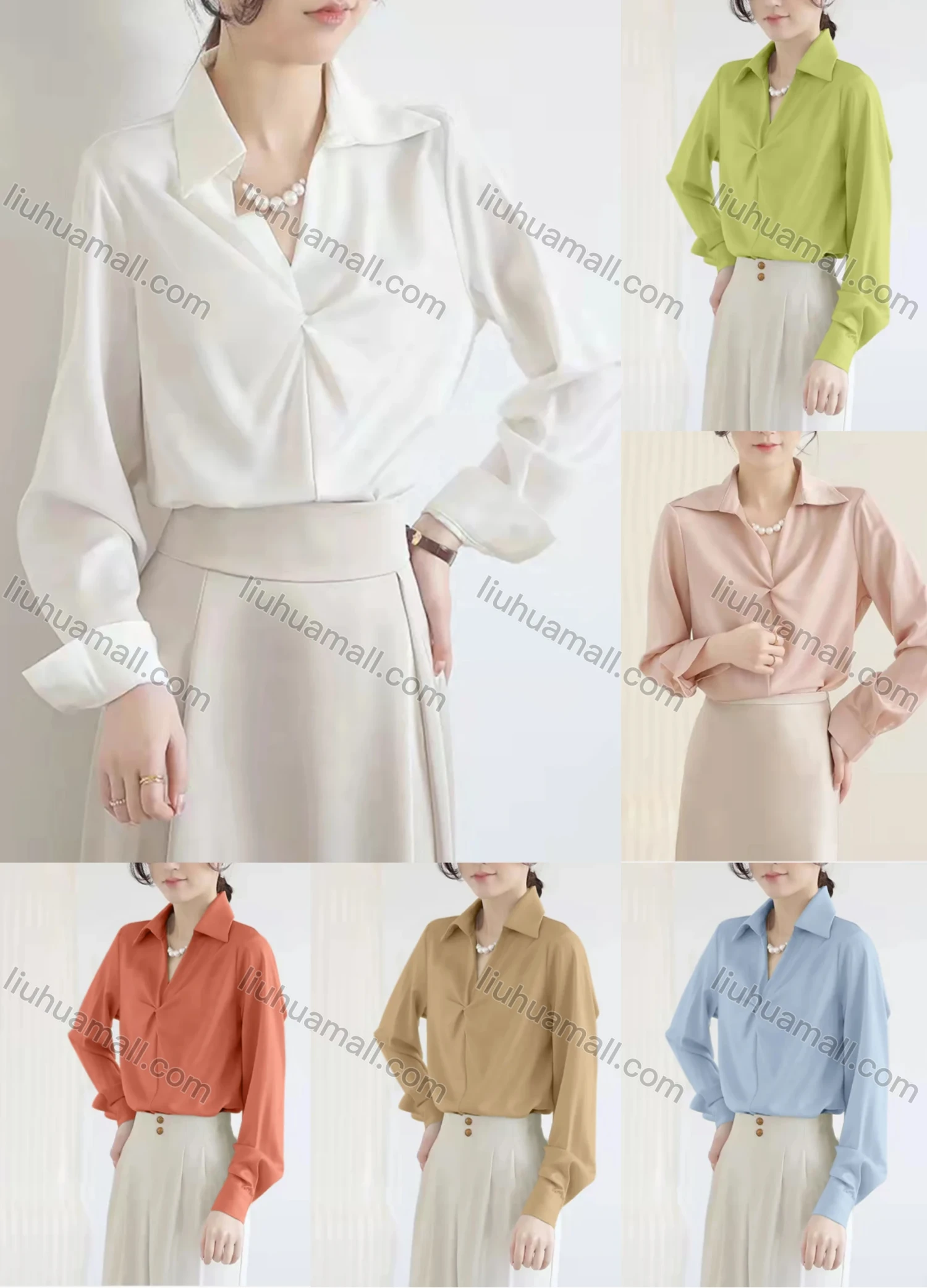 Wholesale Women's Fashion V Neck Long Sleeve Pearl Decor Twist Plain Shirts - Liuhuamall