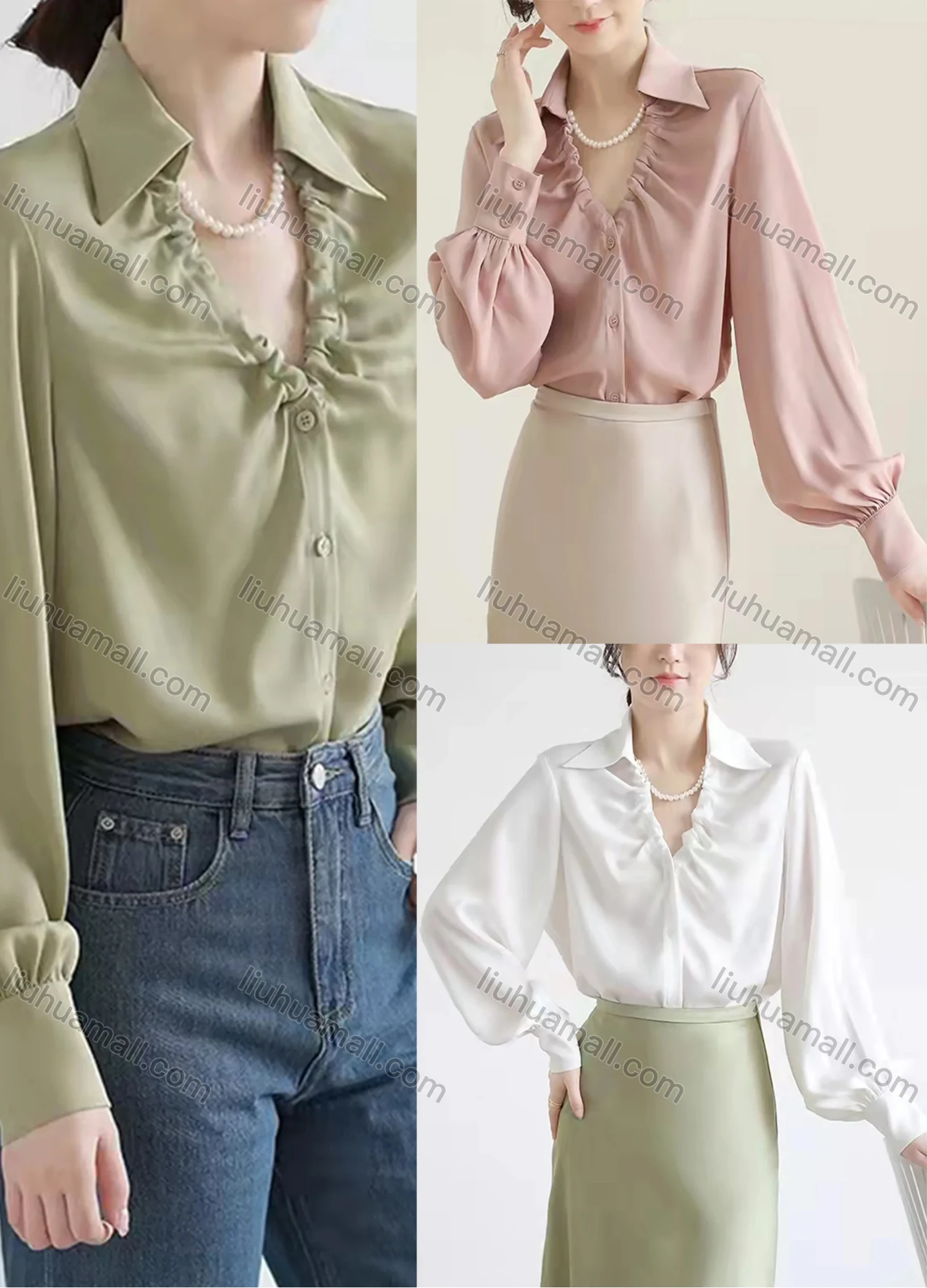 Wholesale Women's Fashion Collar V Neck Bishop Sleeve Pearl Decor Ruched Button Down Plain Shirts 436954# - Liuhuamall