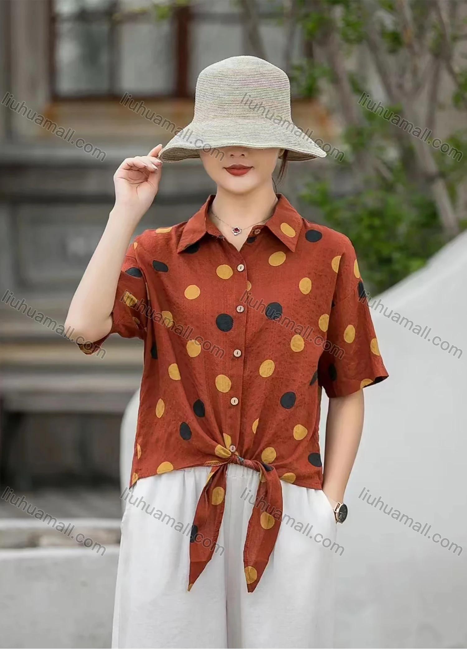 Wholesale Women's Linen Collared Half Sleeve Polka Dot Blouse Print Loose Fit Shirt - Liuhuamall