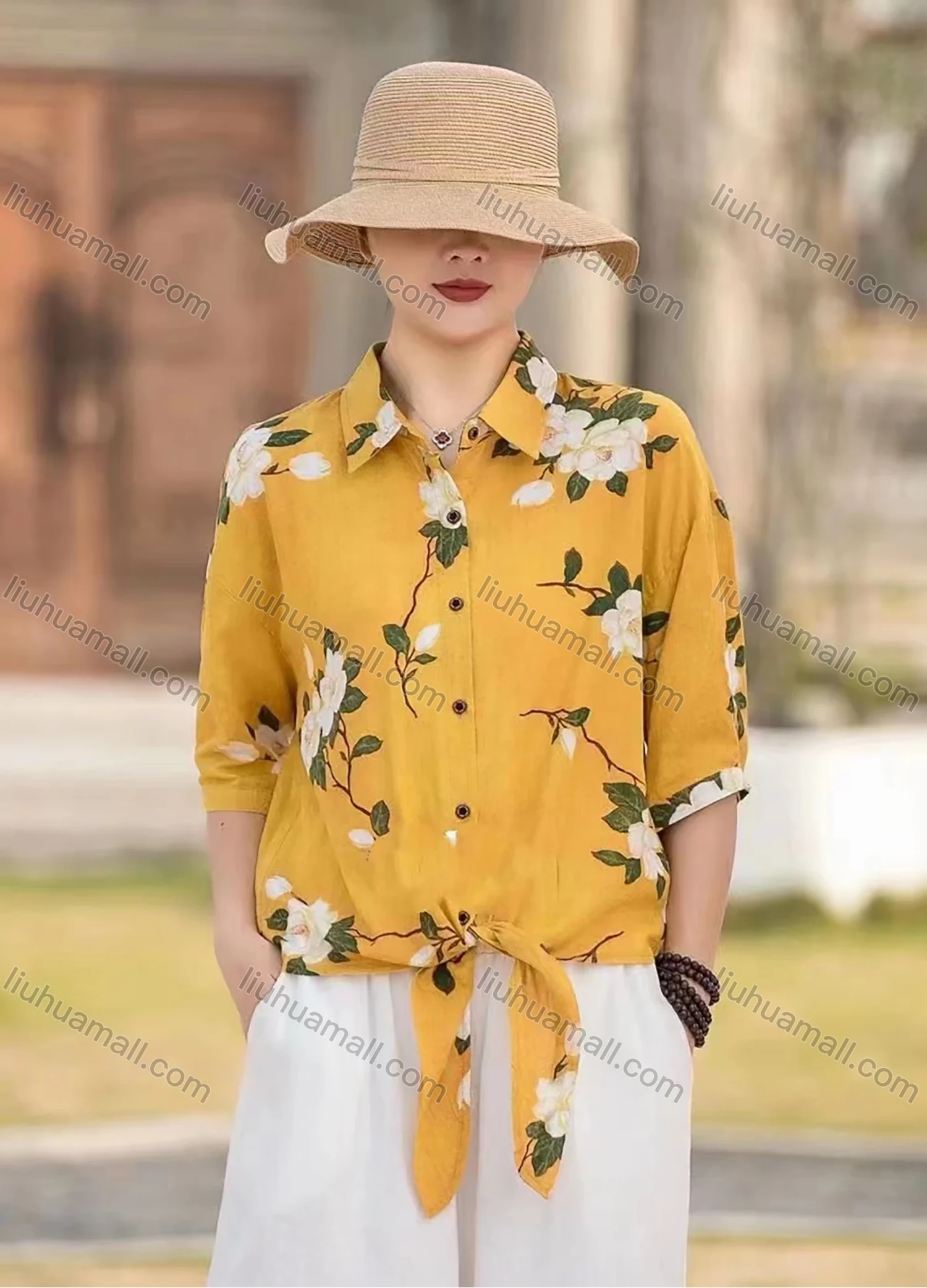 Wholesale Women's Linen Collared Half Sleeve Loose Fit Blouse Knot Front Flora Print Shirt - Liuhuamall