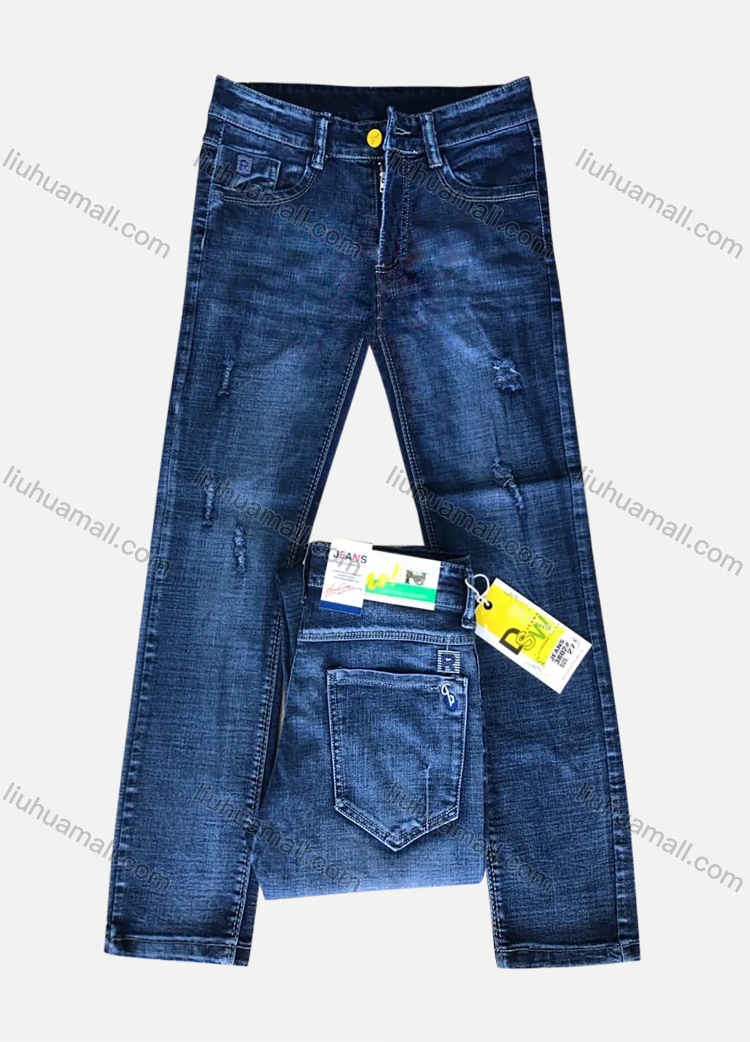 Wholesale Boys Distressed Button Pockets Labelled Frayed Embroidered Letter Plain Casual Jean - Liuhuamall