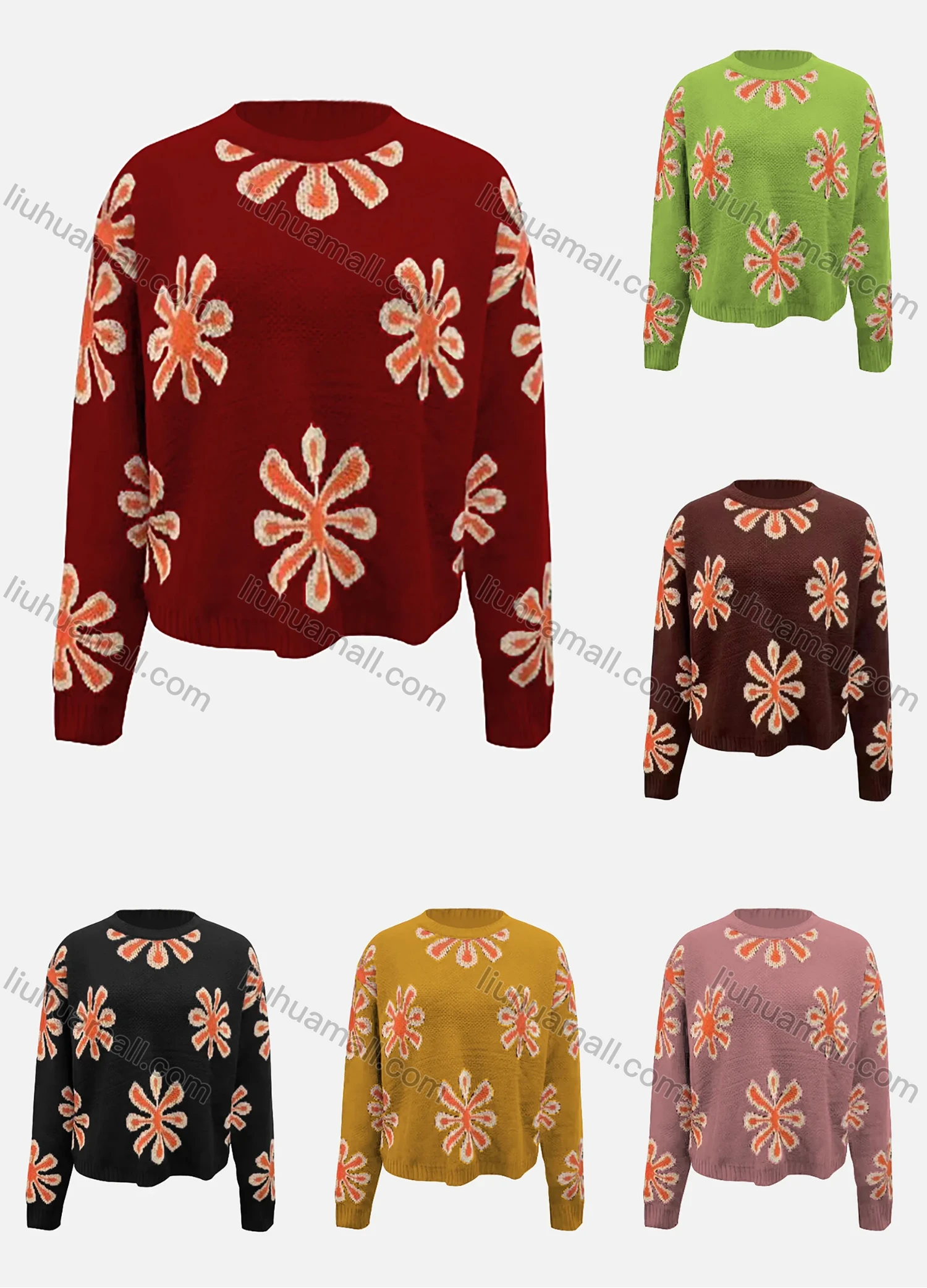 Wholesale Women's Round Neck Long Sleeve Flower Print Knit Sweater - Liuhuamall
