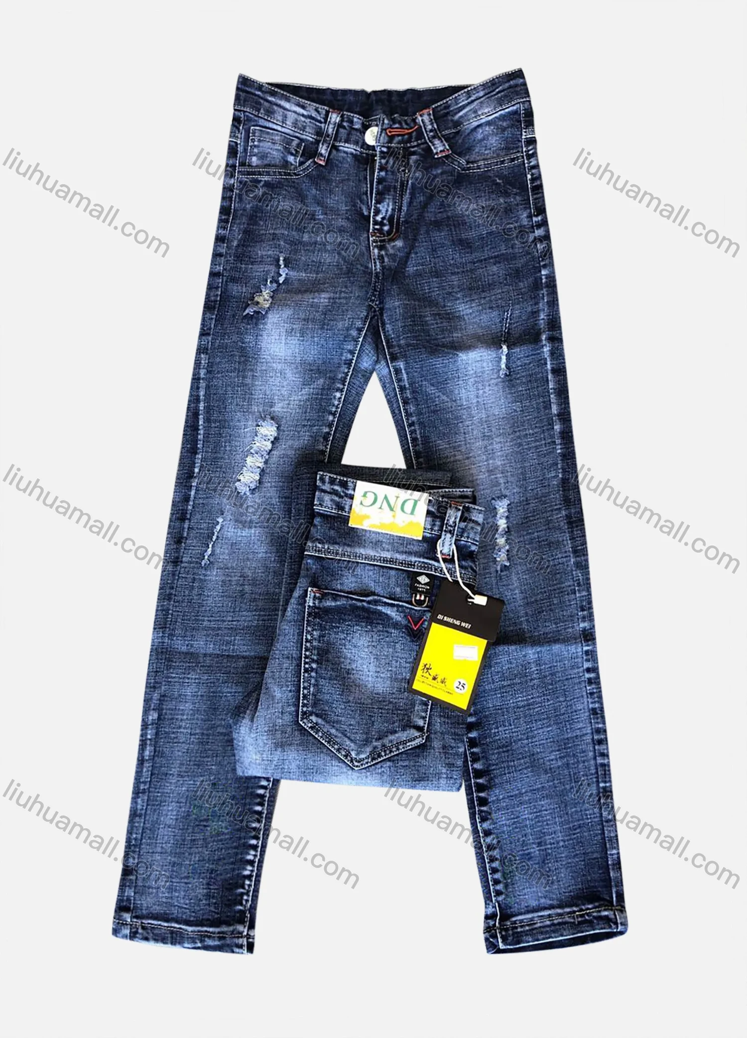 Wholesale Boys Casual Button Zipper Pockets Labelled Frayed Embroidered Plain Jean - Liuhuamall