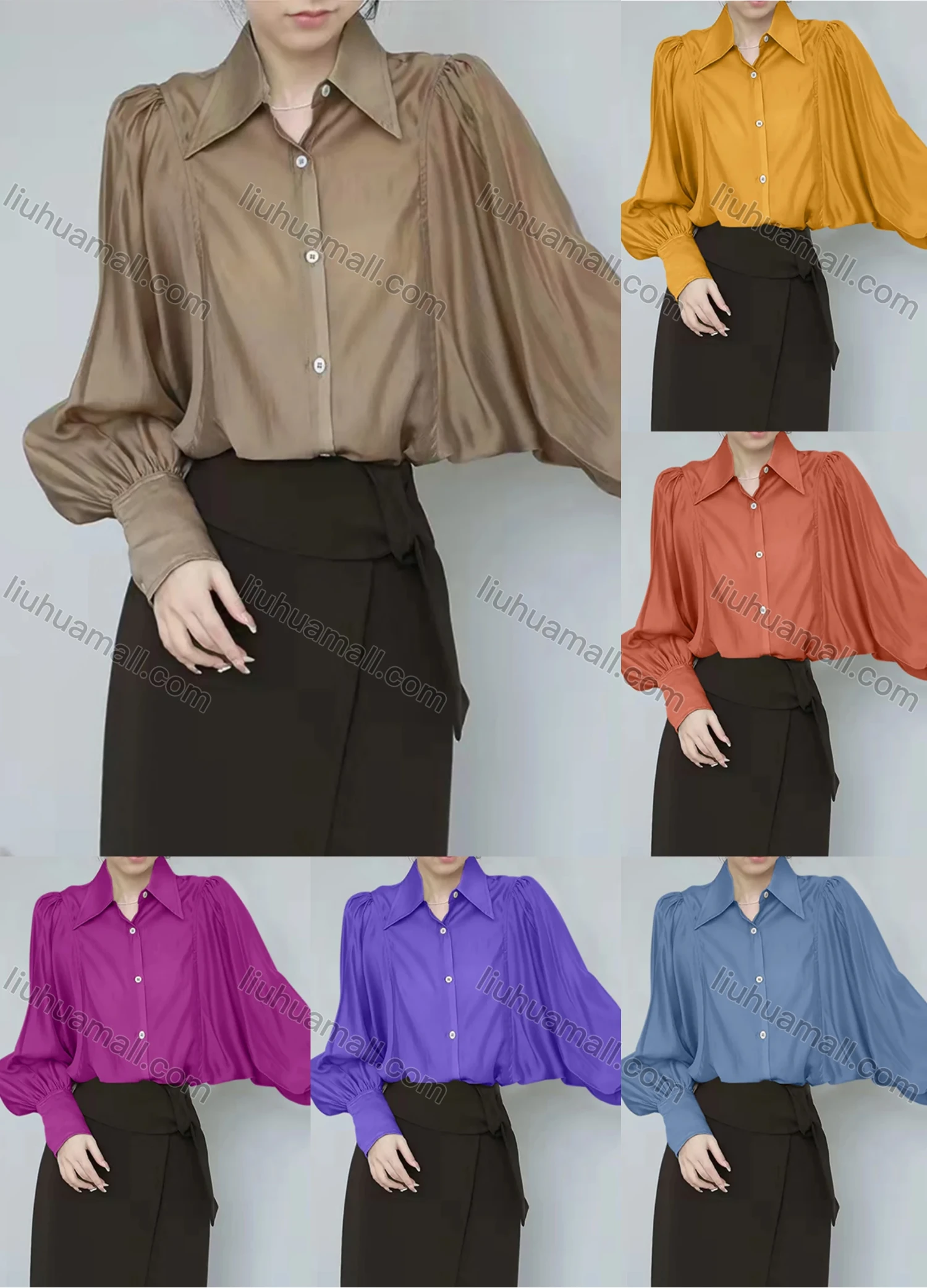 Wholesale Women's Elegant Collared Batwing Sleeve Button Down Ruched Plain Shirts 645719# - Liuhuamall