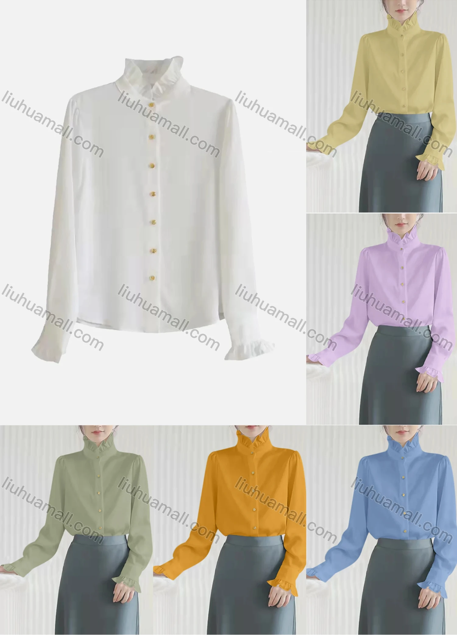 Wholesale Women's Elegant Long Sleeve Ruffle Neck Button Down Plain Shirts 659673# - Liuhuamall