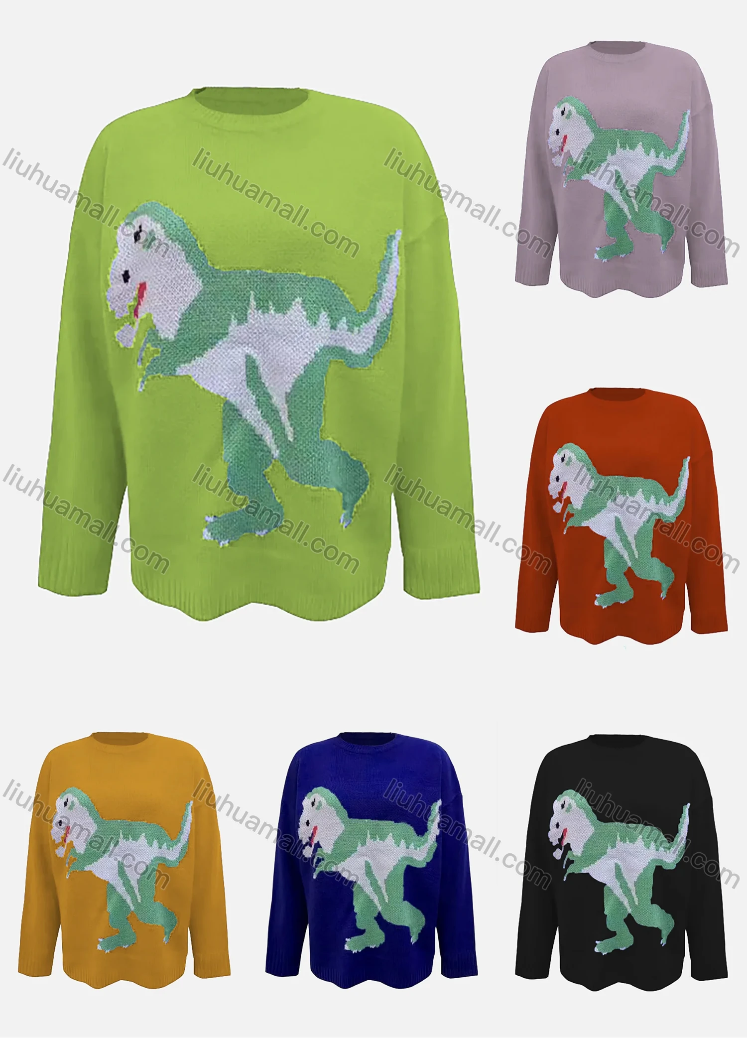 Wholesale Women's Round Neck Long Sleeve Dinosaur Print Knit Sweater - Liuhuamall