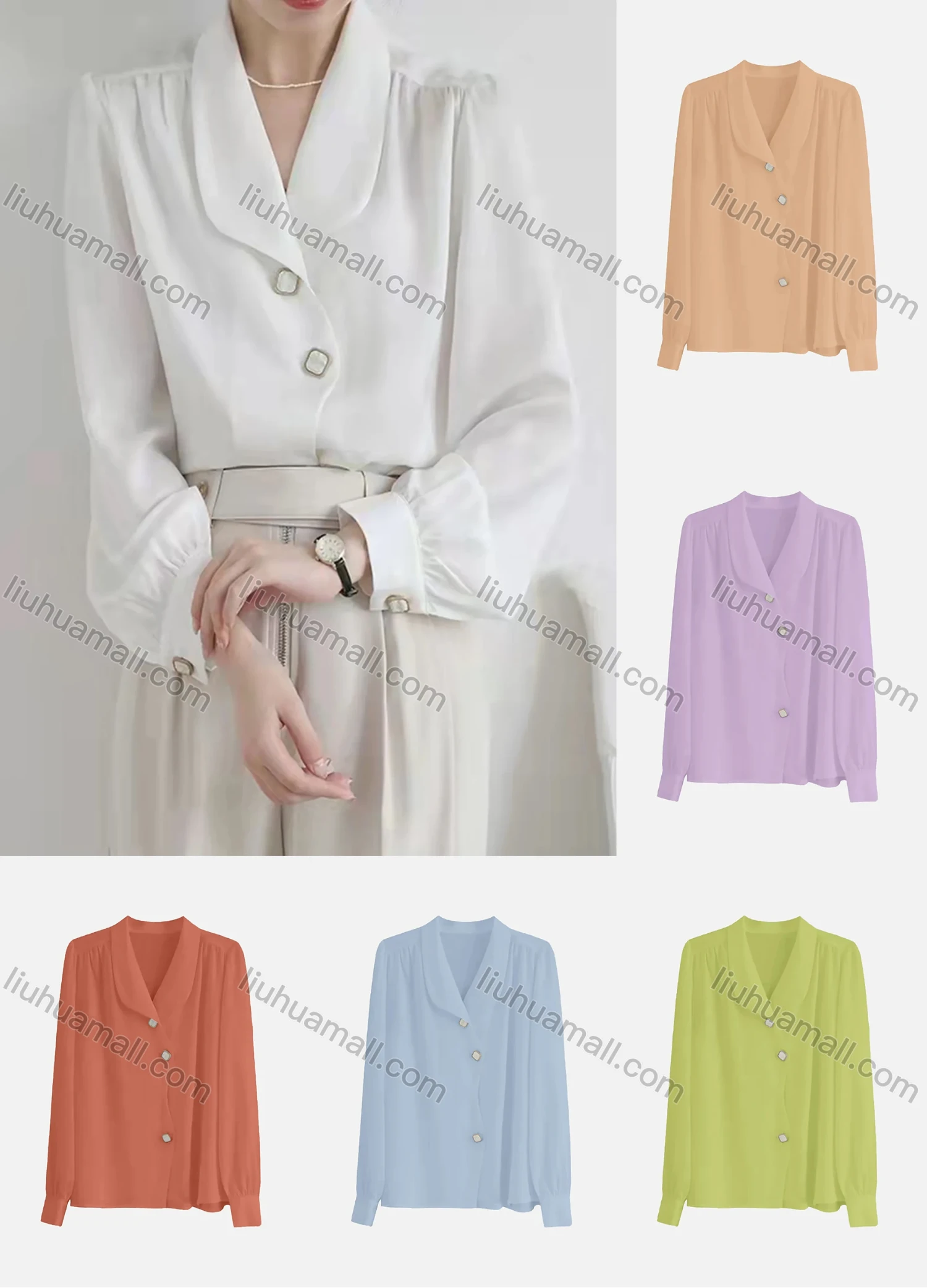Wholesale Women's Elegant Long Sleeve Shawl Collar Button Down Plain Ruched Shirts 674986# - Liuhuamall