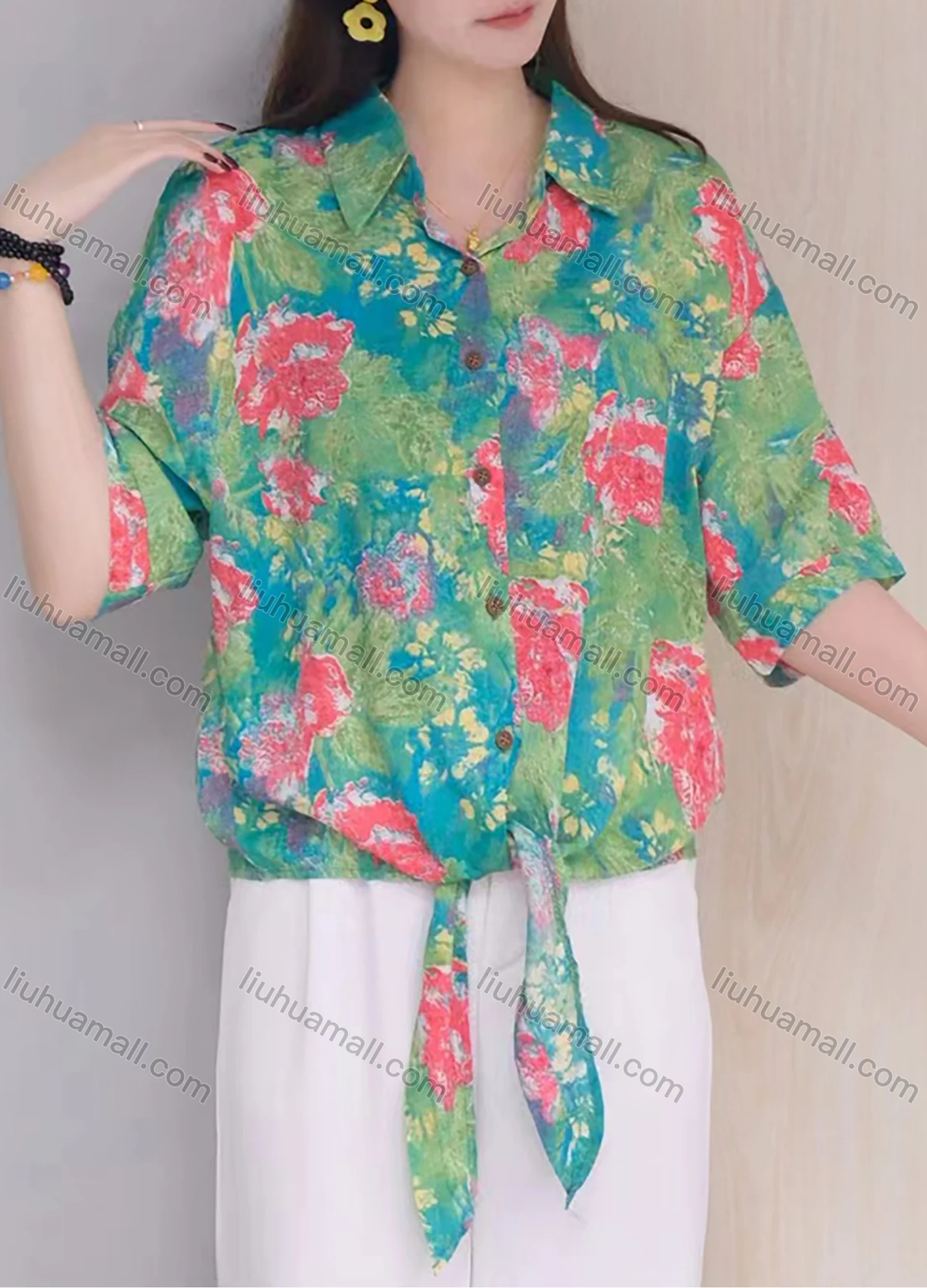 Wholesale Women's Leisure Linen Loose Fit Blouse Vintage Floral Print Shirt - Liuhuamall