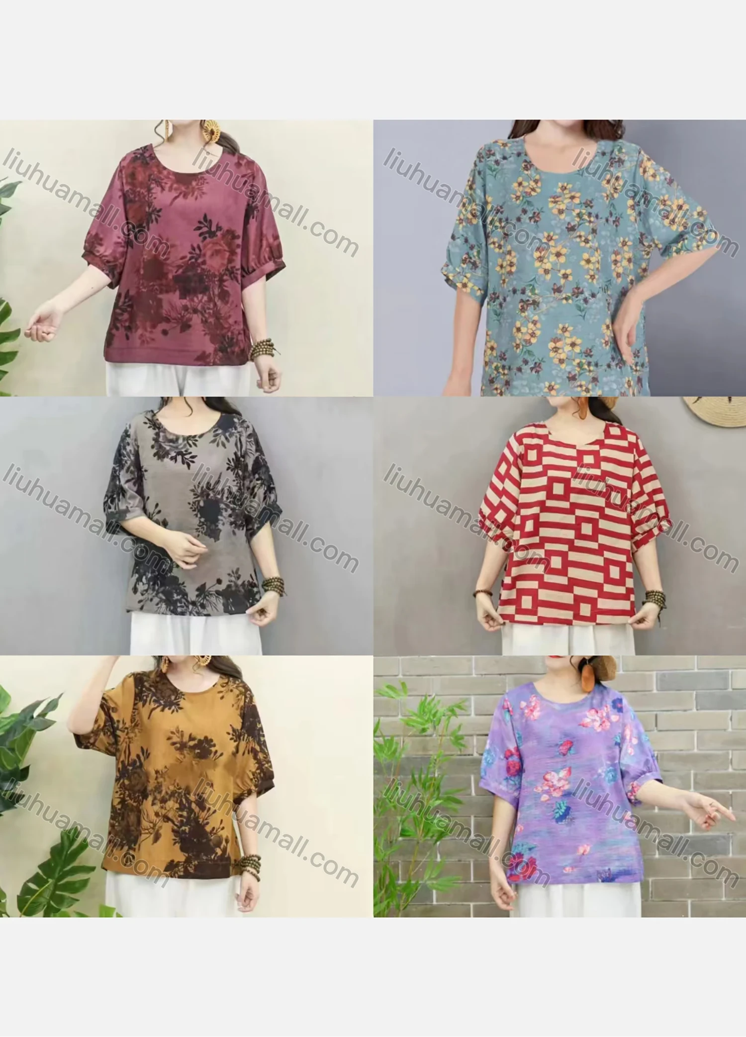 Wholesale Women's Round Neck Half Sleeve Floral Geo Print Loose Fit Blouse - Liuhuamall