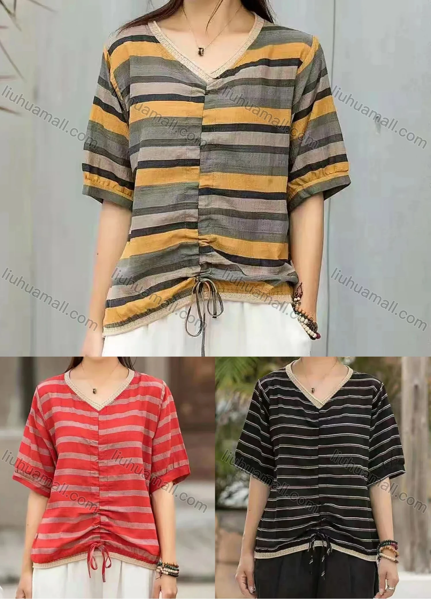 Wholesale Women's Casual Comfort V Neck Top Half Sleeve Colorblock Striped Blouse With Drawstring - Liuhuamall