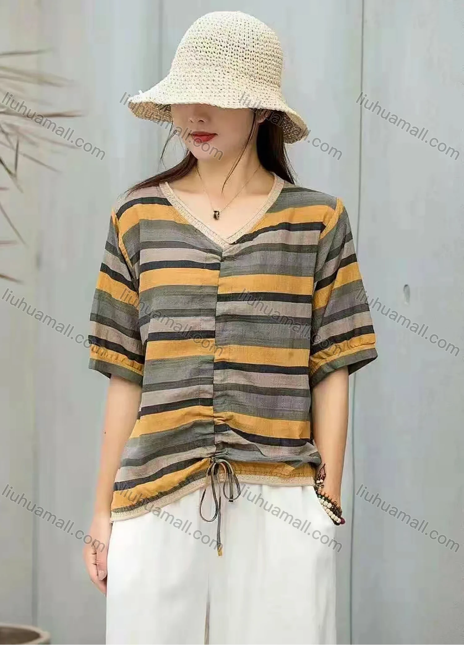 Wholesale Women's Casual Comfort V Neck Top Half Sleeve Colorblock Striped Blouse With Drawstring - Liuhuamall