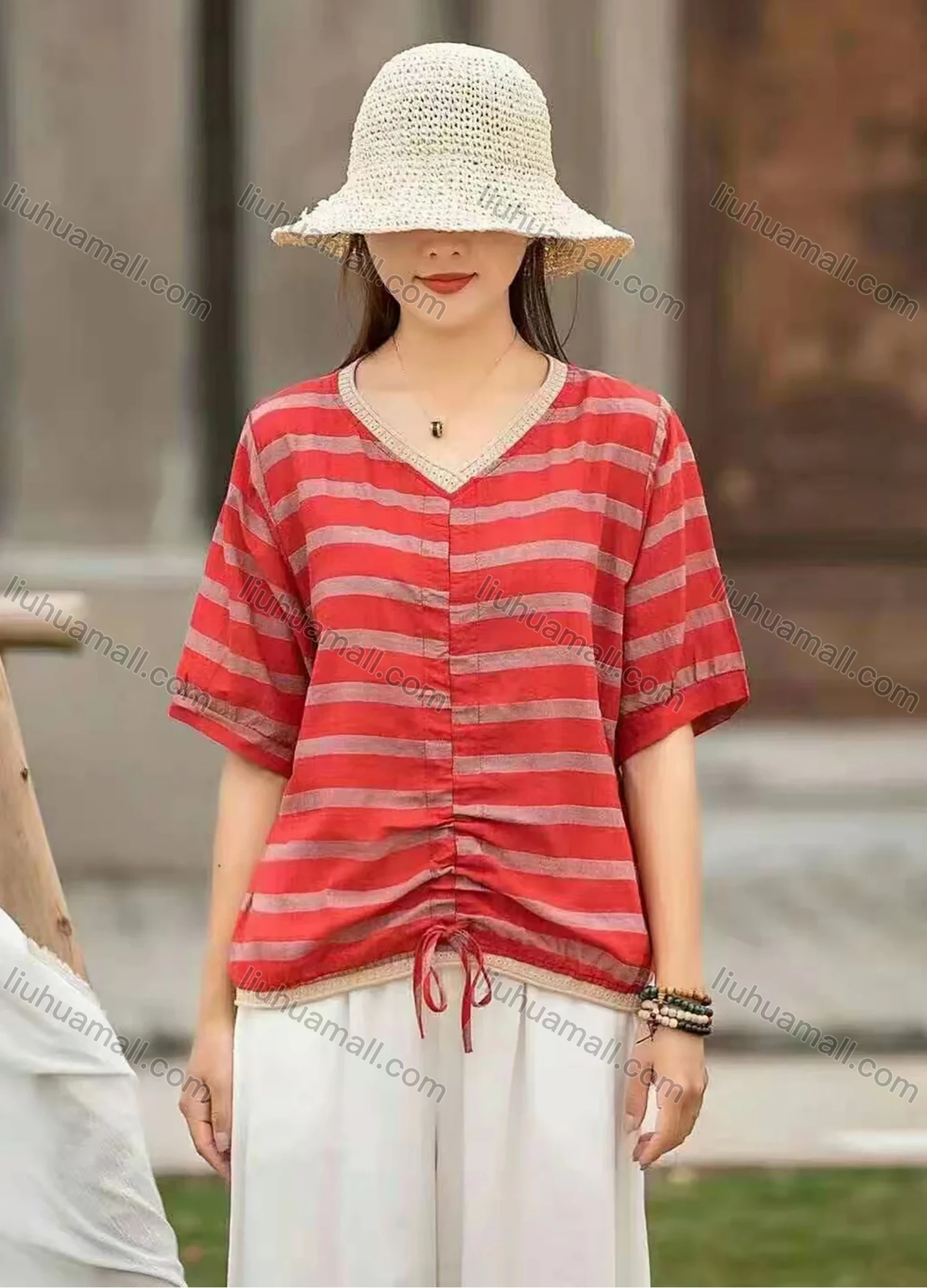 Wholesale Women's Casual Comfort V Neck Top Half Sleeve Colorblock Striped Blouse With Drawstring - Liuhuamall
