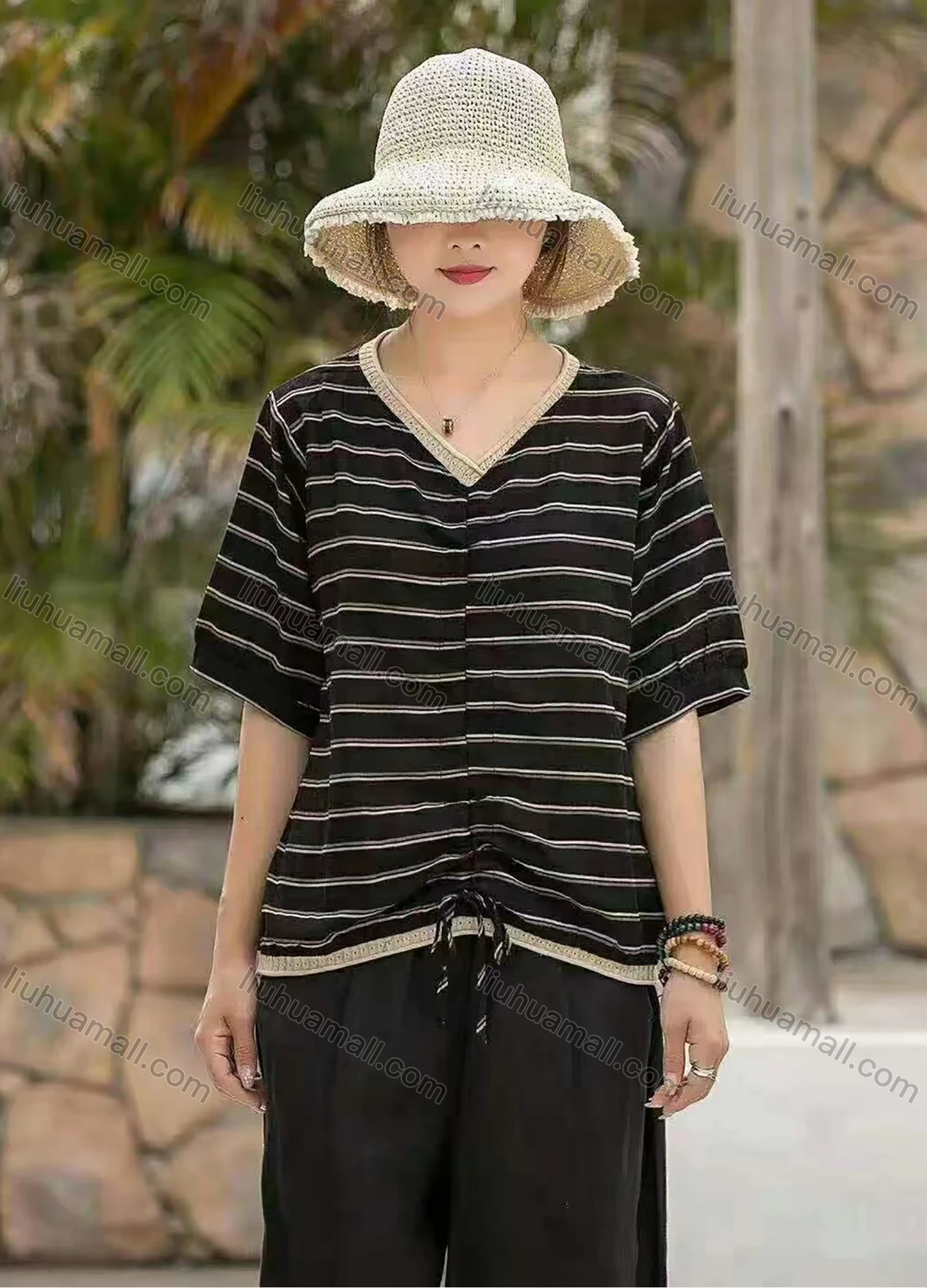 Wholesale Women's Casual Comfort V Neck Top Half Sleeve Colorblock Striped Blouse With Drawstring - Liuhuamall