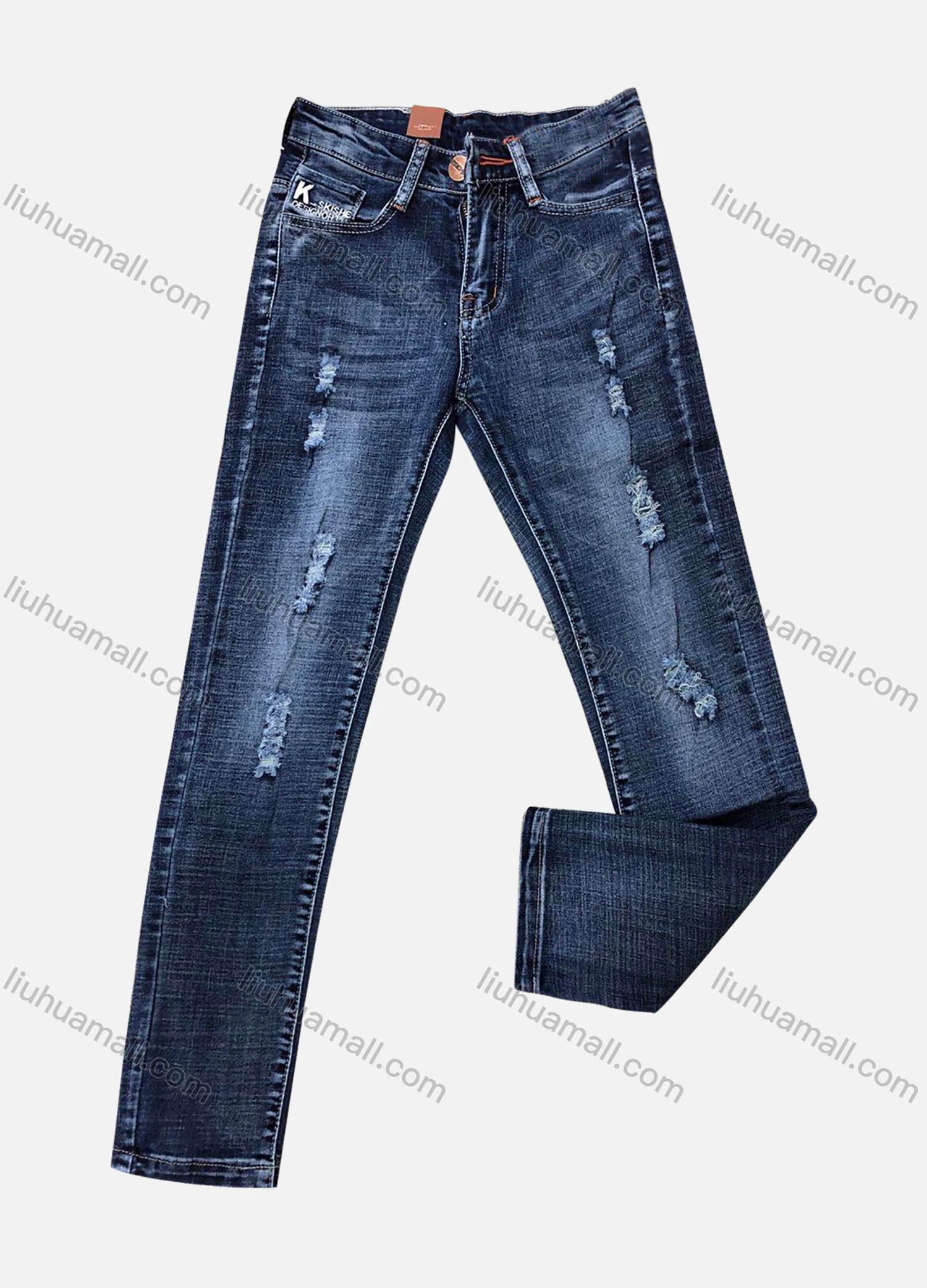 Wholesale Boys Casual Button Zipper Pockets Labelled Embroidered Letter Frayed Plain Jean 2881# - Liuhuamall