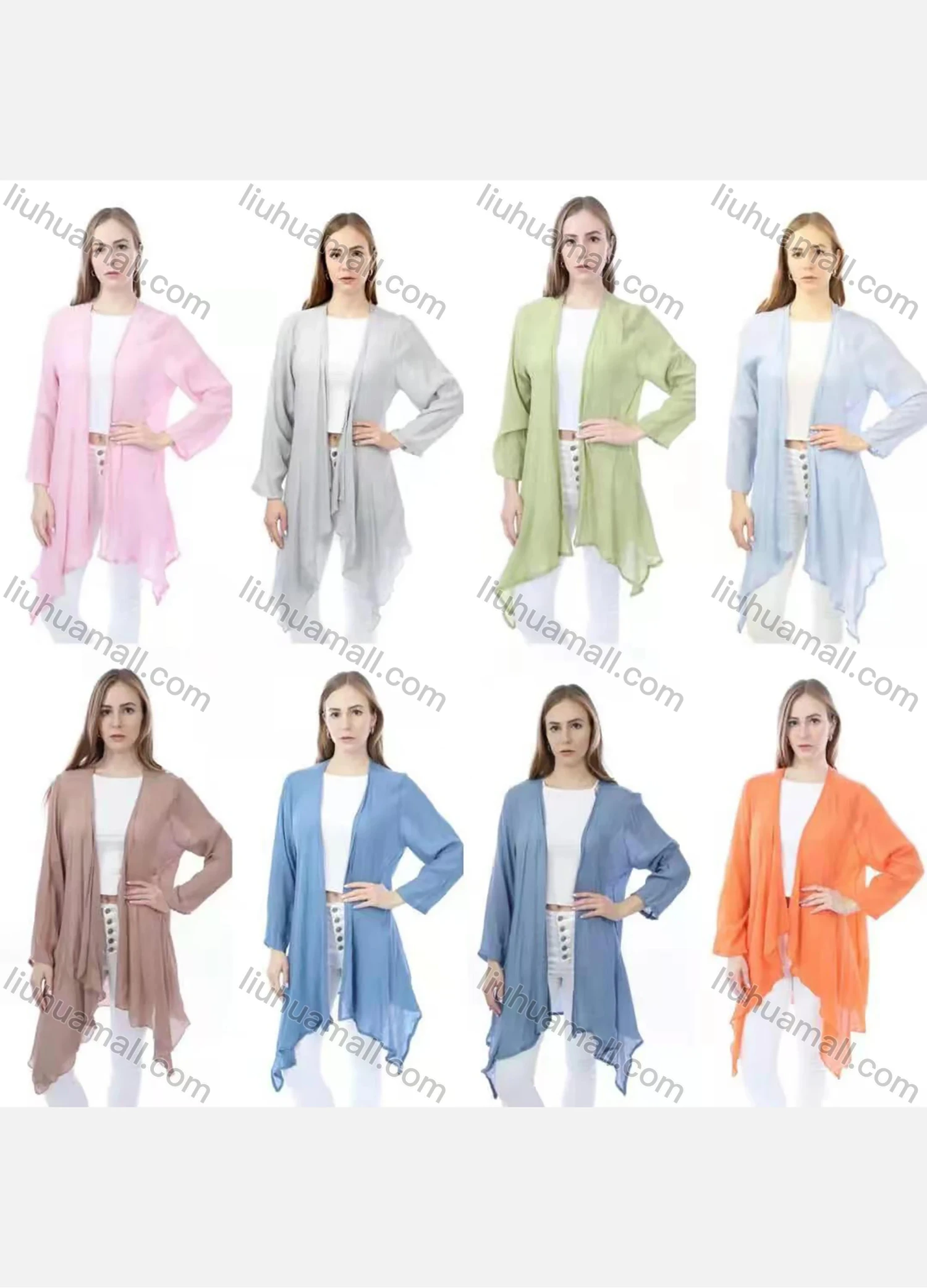 Wholesale Women's Linen Loose Fit Long Sleeve Hanky Hem Plain Mid Length Cardigan - Liuhuamall
