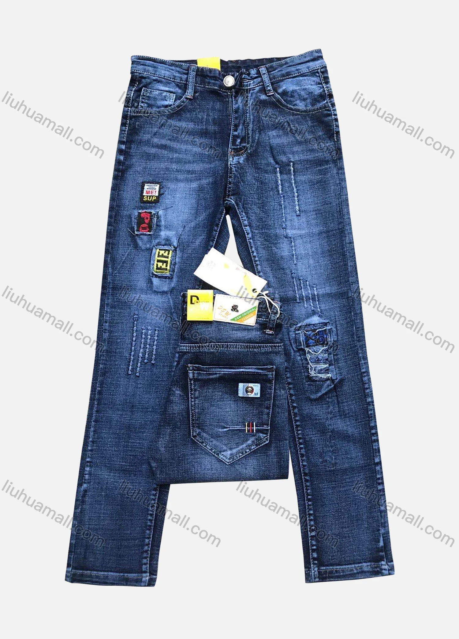 Wholesale Boys Button Pockets Frayed Patched Labelled Embroidered Letter Plain Casual Jean 201# - Liuhuamall