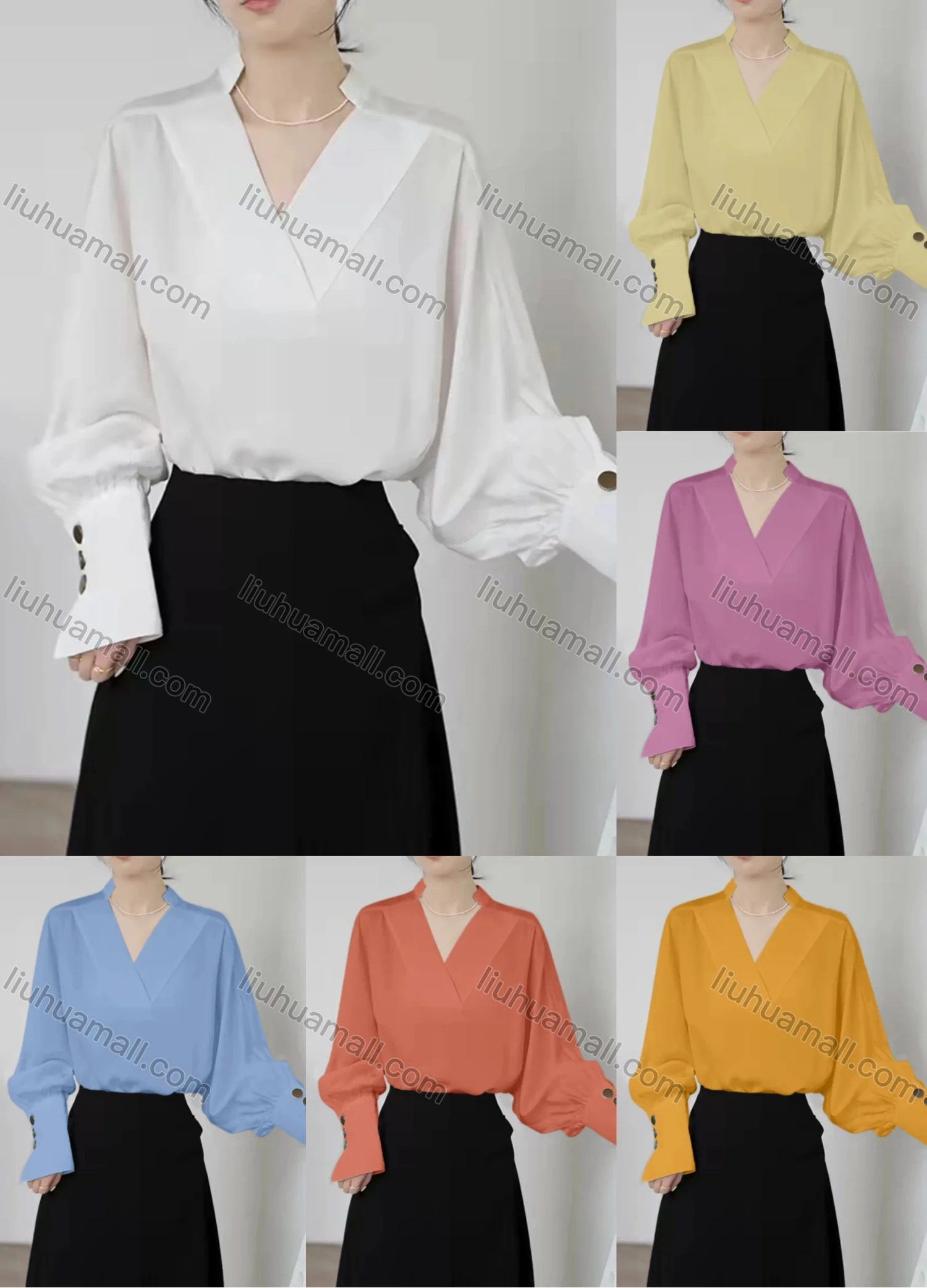 Wholesale Women's Elegant Bishop Sleeve Stand Collar V Neck Button Decor Ruched Plain Blouse 857780# - Liuhuamall