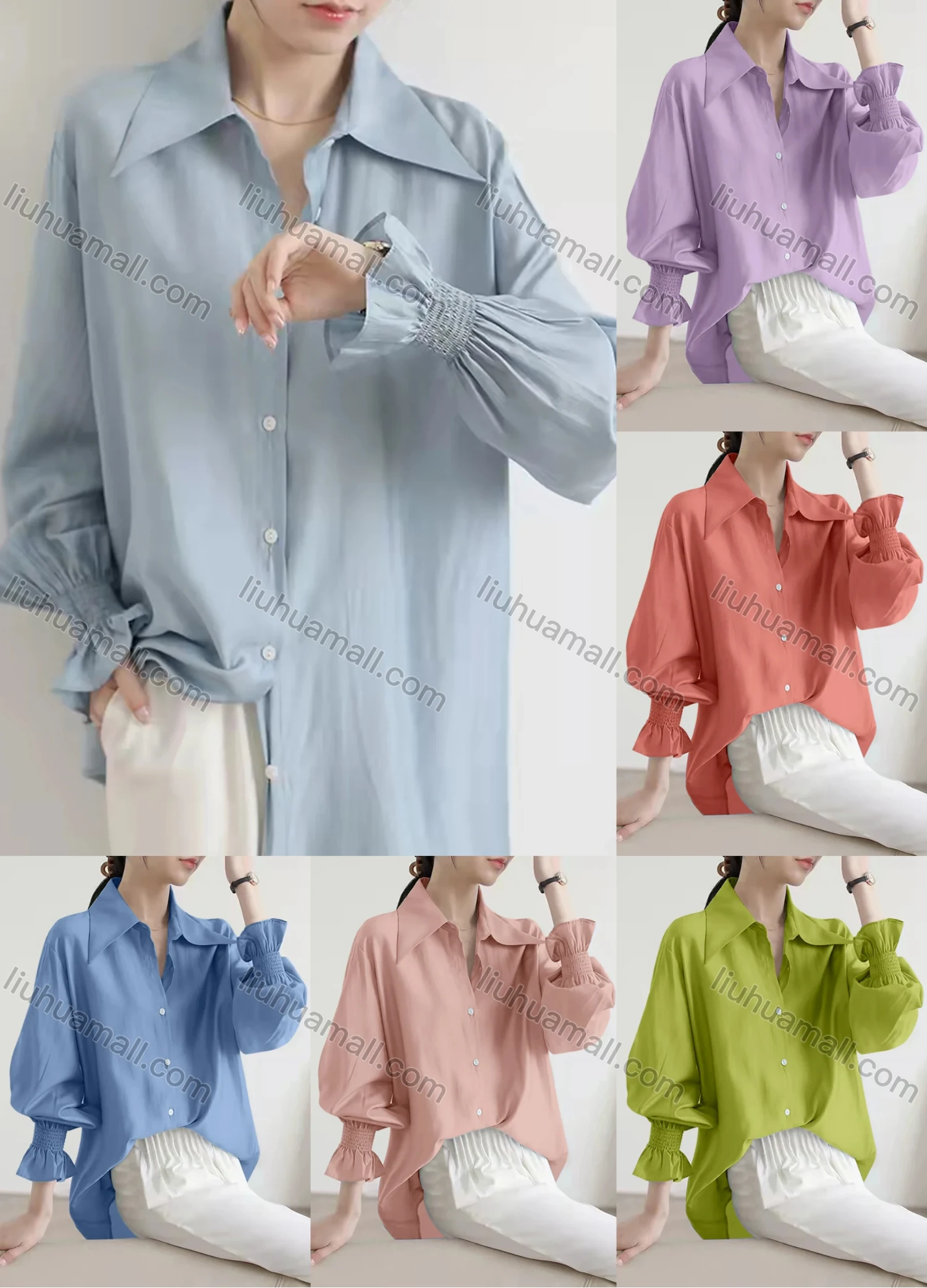 Wholesale Women's Elegant Collared Poet Sleeve Button Down Shirred Ruched Plain Shirts 879738# - Liuhuamall