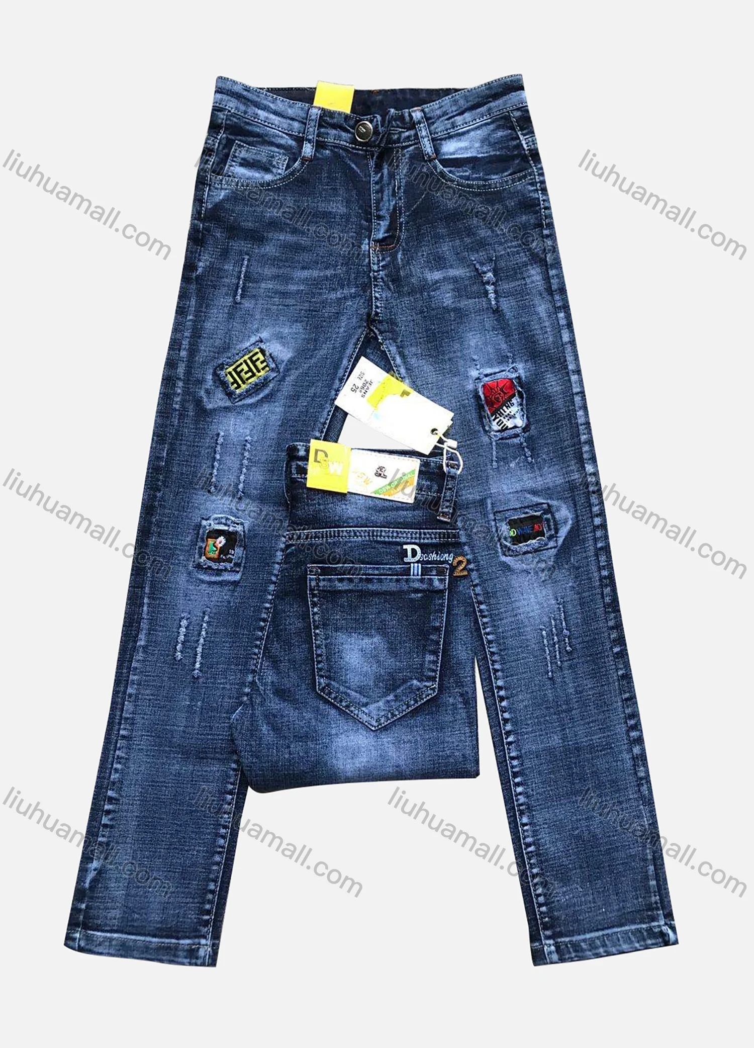 Wholesale Boys Casual Button Pockets Frayed Patched Labelled Embroidered Plain Jean 206# - Liuhuamall