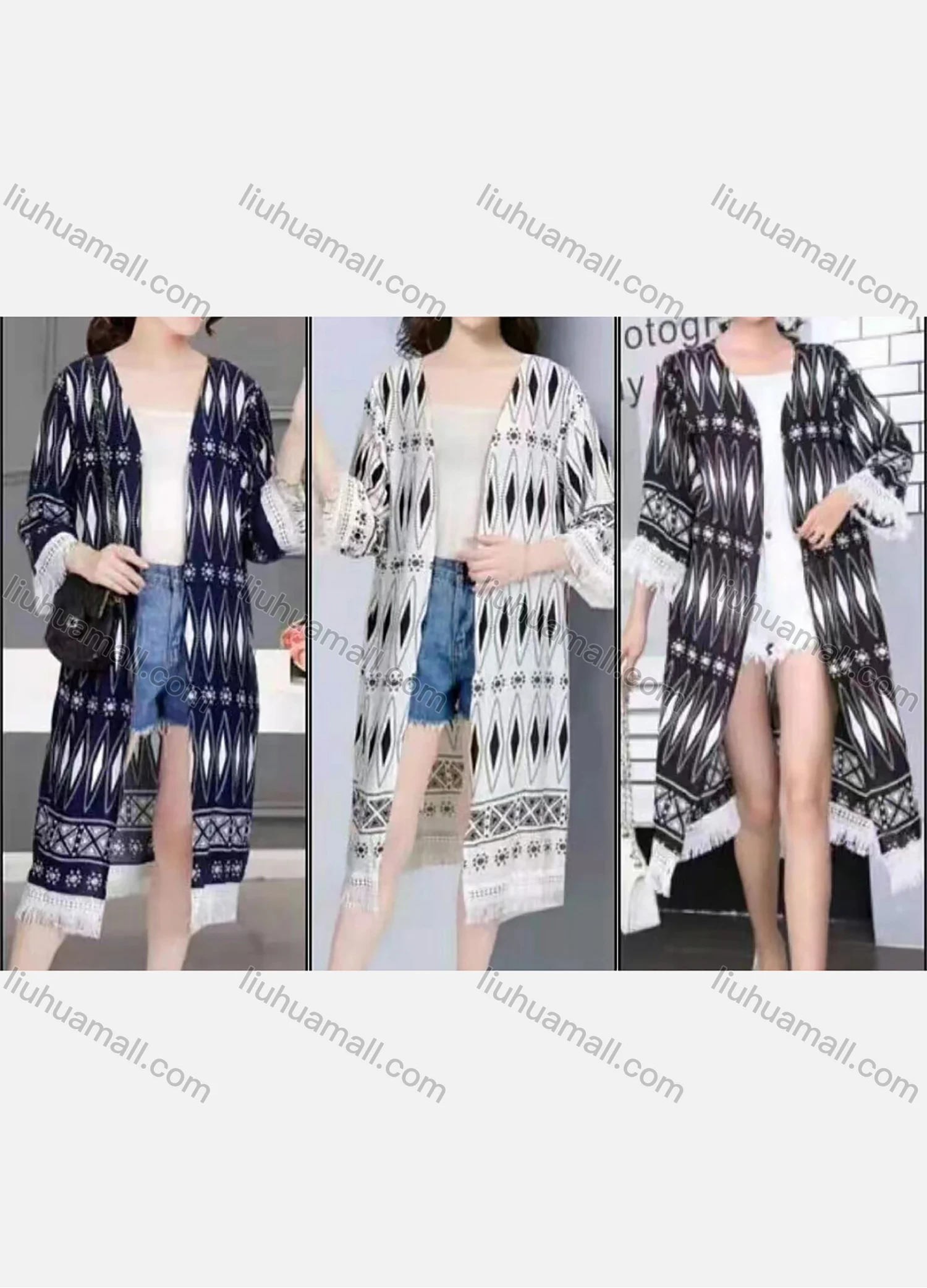 Wholesale Women's Linen 3/4 Sleeve Tribal Print Fringe Trim Midi Cardigan - Liuhuamall