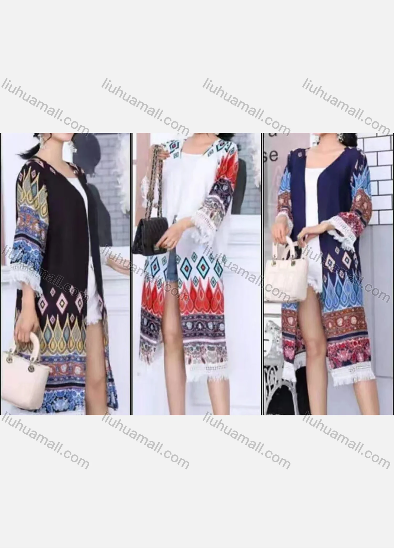 Wholesale Women's Linen Long Sleeve Fringe Hem Boho Folkloric Print Midi Cardigan - Liuhuamall