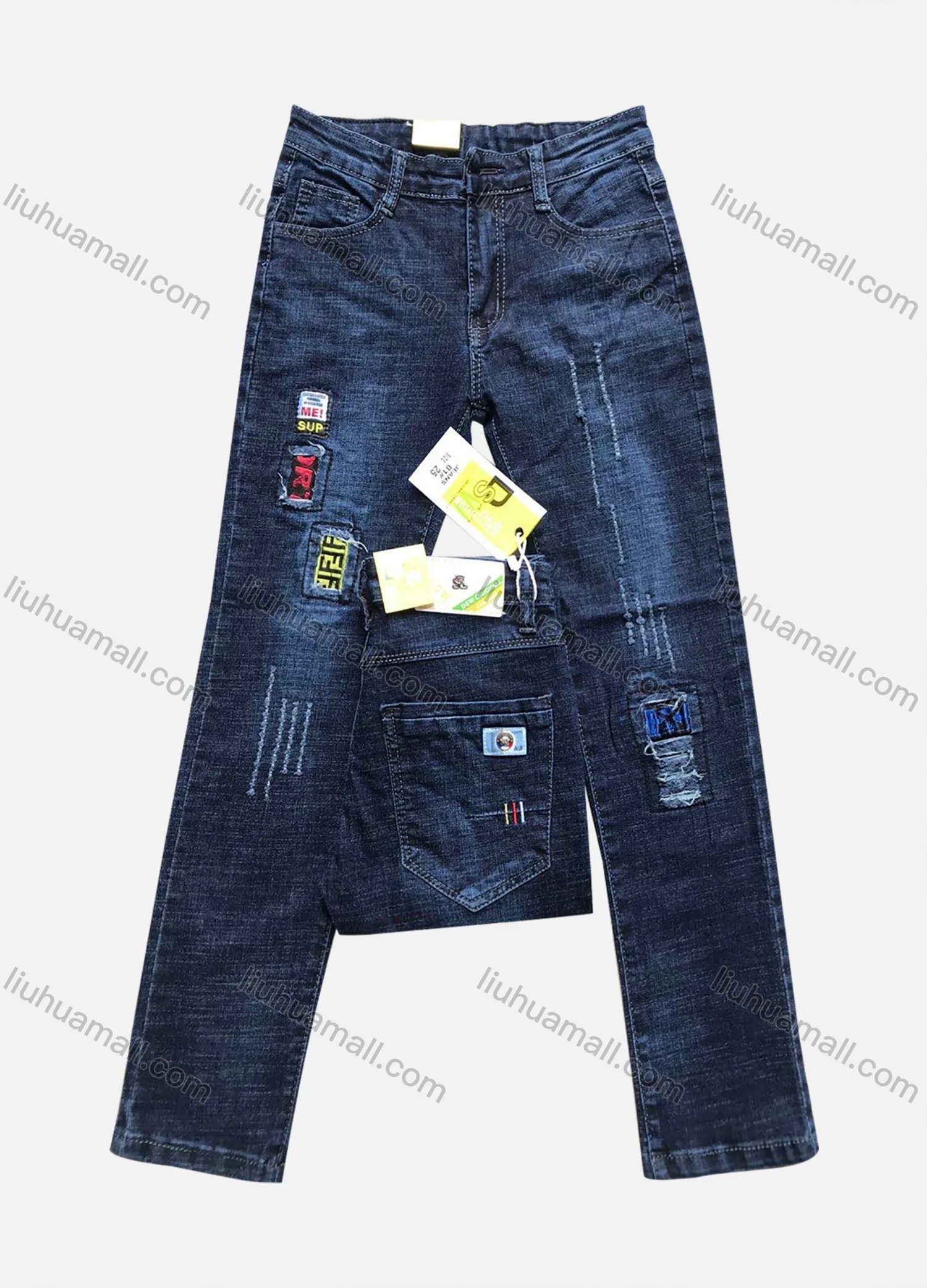 Wholesale Boys Button Pockets Frayed Patched Labelled Embroidered Plain Jean - Liuhuamall