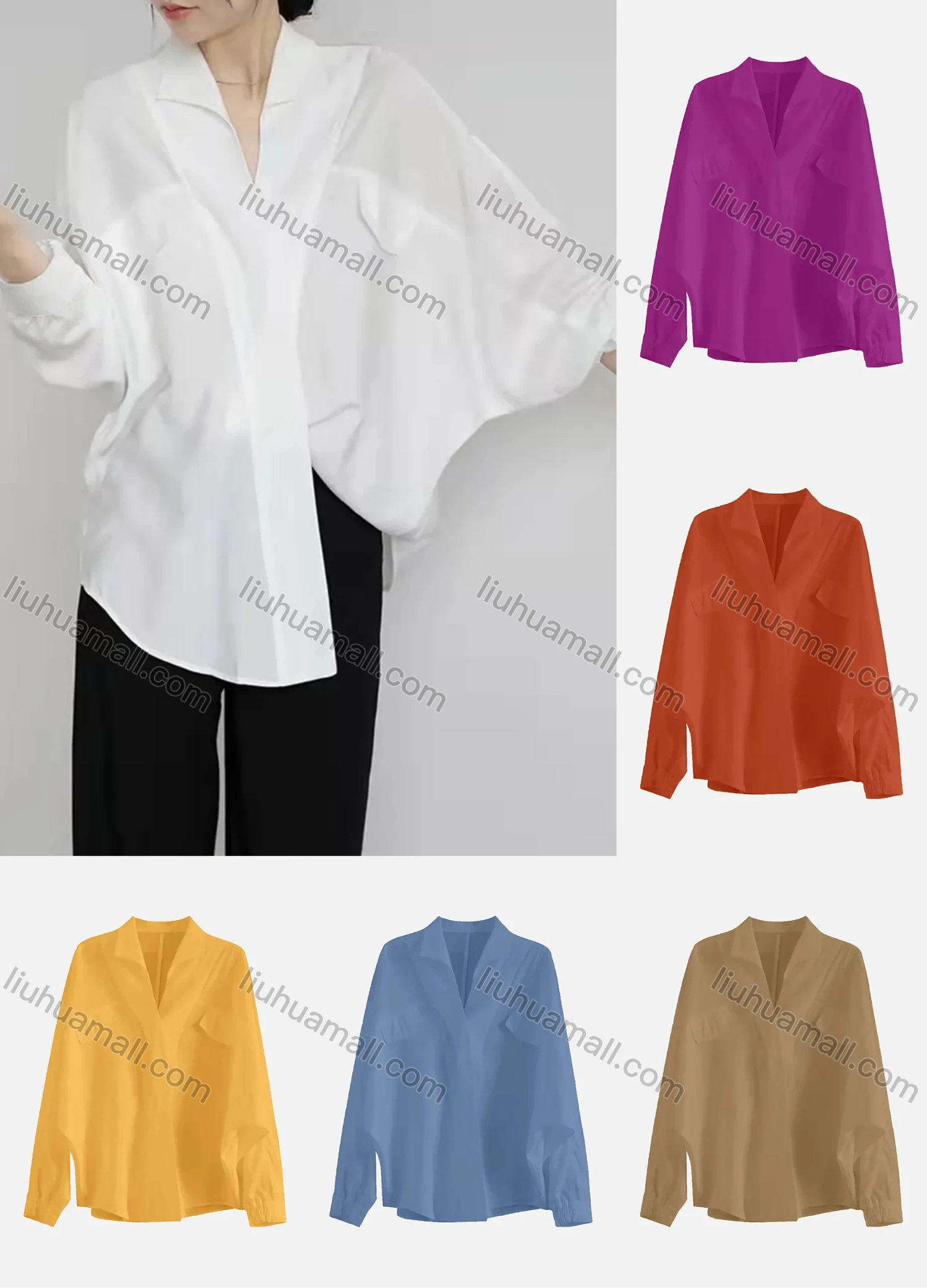Wholesale Women's Elegant Lapel V Neck Batwing Sleeve Button Down Fake Pocket Plain Shirts 936537# - Liuhuamall