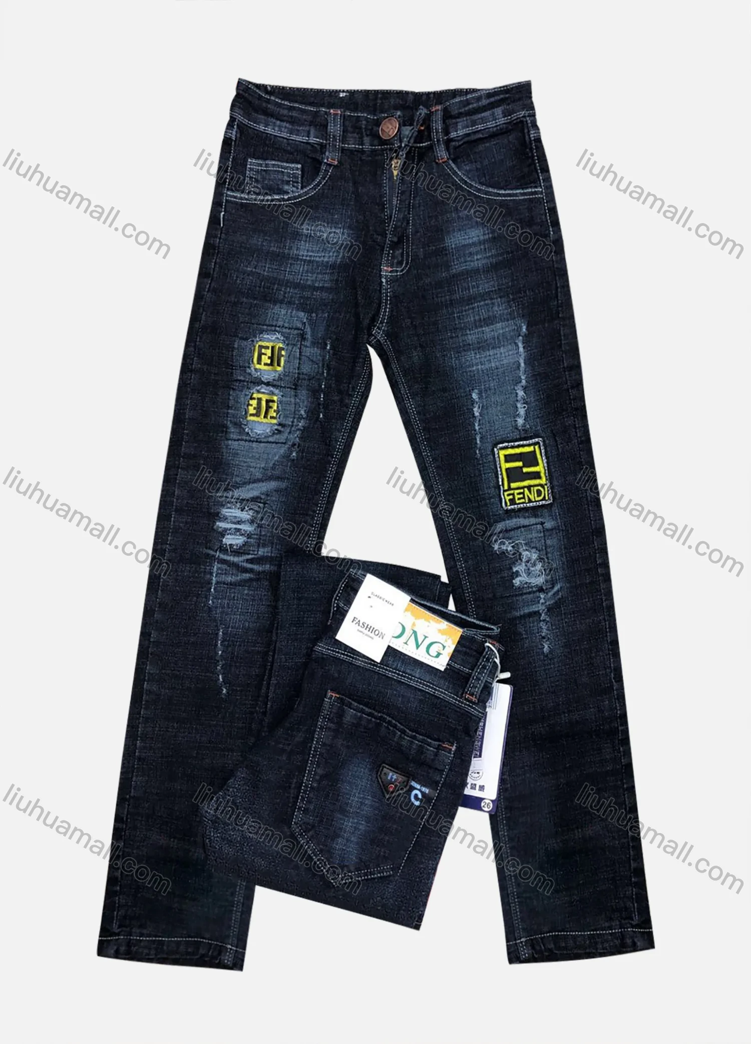 Wholesale Boys Button Pockets Frayed Patched Labelled Embroidered Letter Plain Jean 07# - Liuhuamall