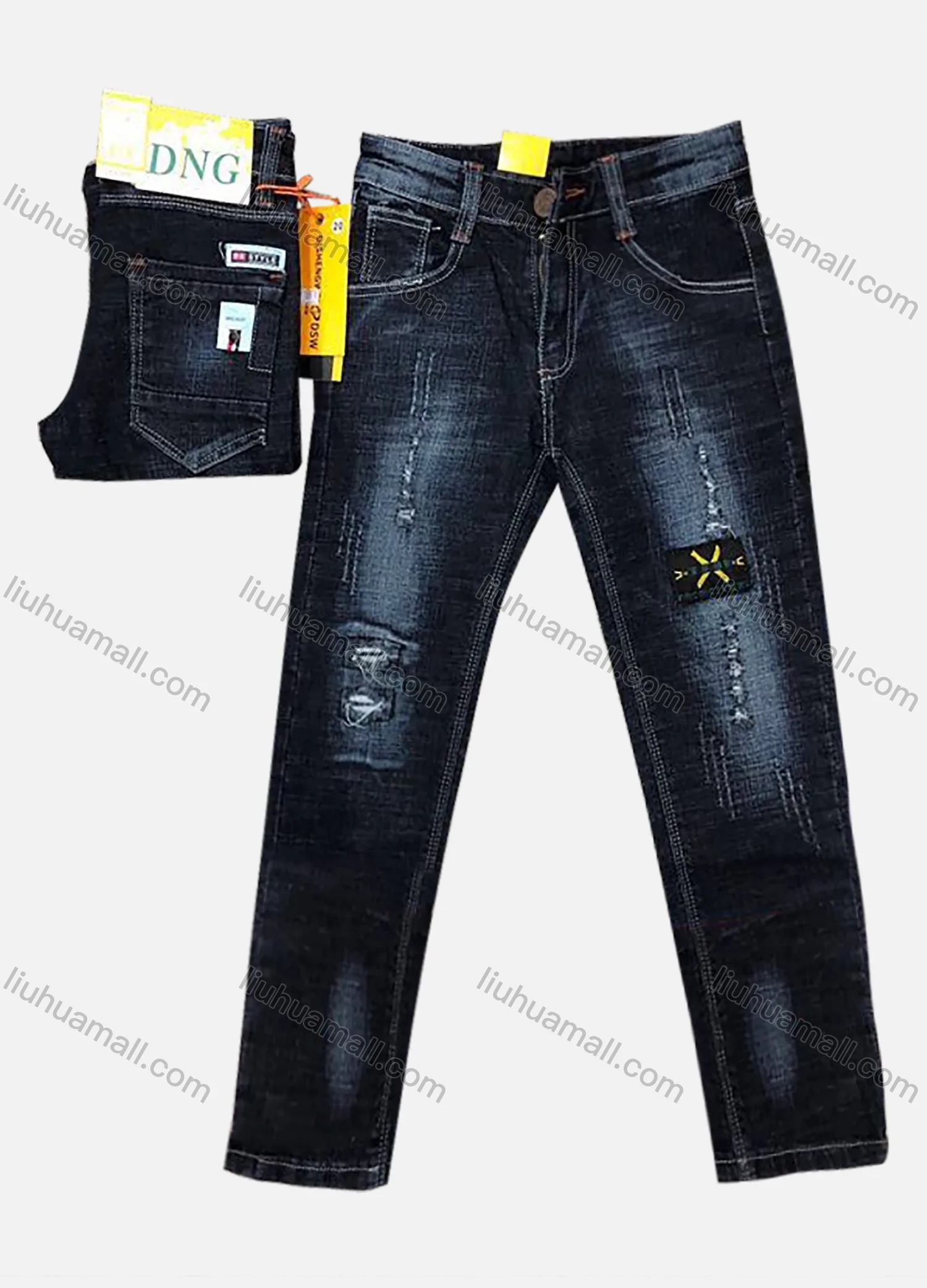 Wholesale Boys Casual Button Pockets Frayed Patched Labelled Plain Jean 05# - Liuhuamall