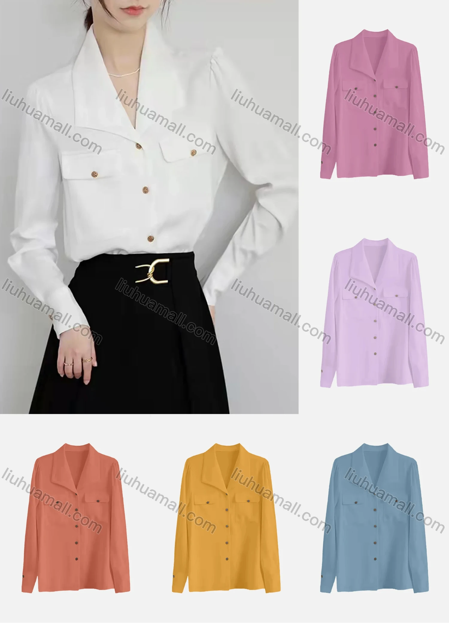 Wholesale Women's Elegant Lapel Long Sleeve Button Down Flap Pockets Plain Shirts 978674# - Liuhuamall