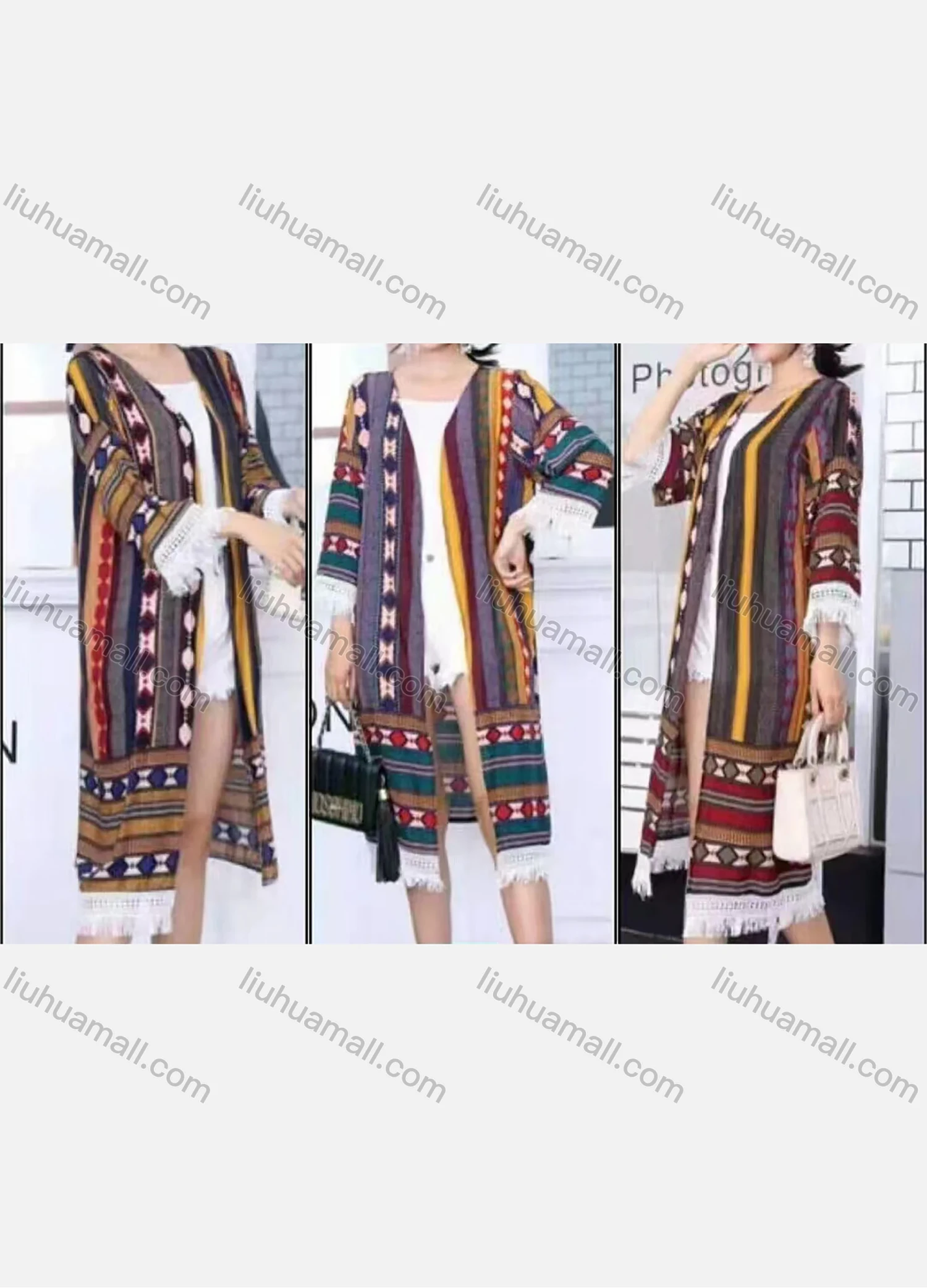 Wholesale Women's Linen Fringe Trim 3/4 Sleeve Loose Fit Tribal Print Midi Cardigan - Liuhuamall