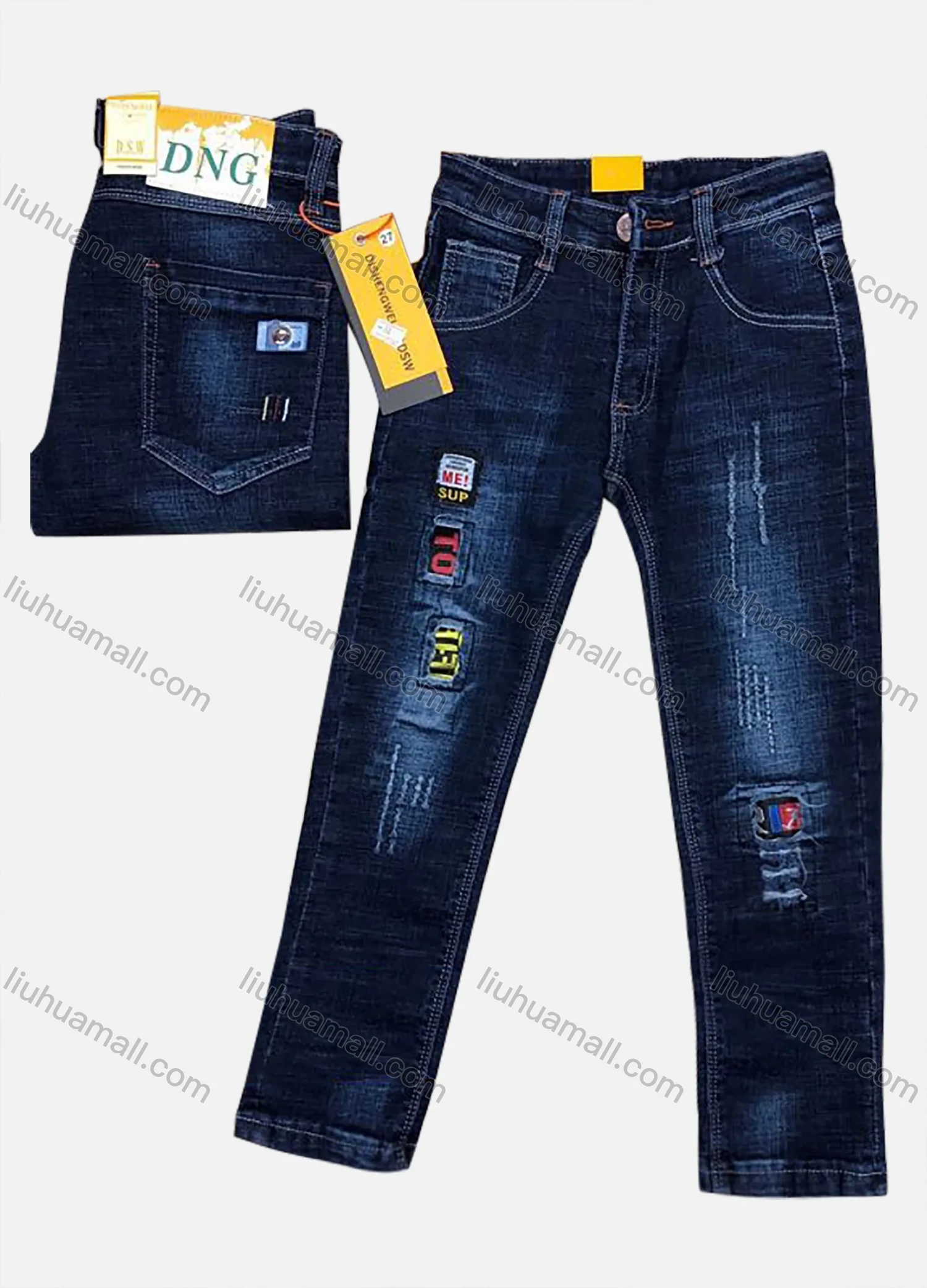 Wholesale Boys Casual Button Pockets Frayed Patched Labelled Plain Jean 01# - Liuhuamall