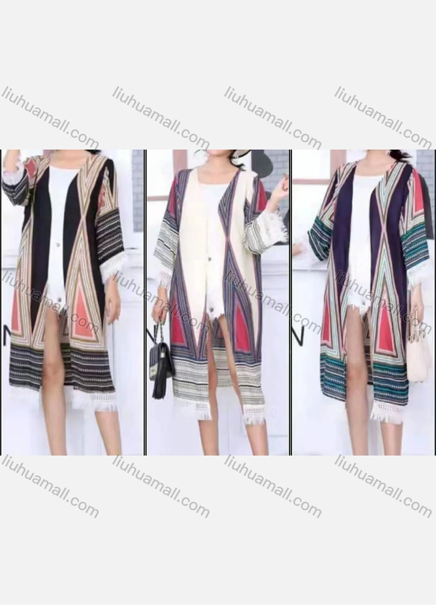 Wholesale Women's Linen Fringe Hem 3/4 Sleeve Tribal Print Midi Cardigan - Liuhuamall