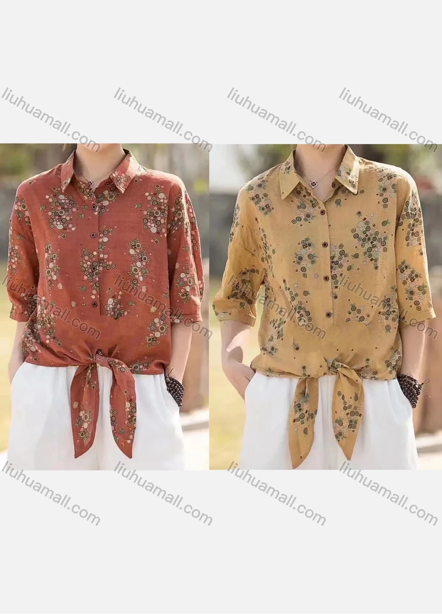 Wholesale Women's Loose Fit Half Sleeve Collared Blouse Floral Print Casual Shirt - Liuhuamall