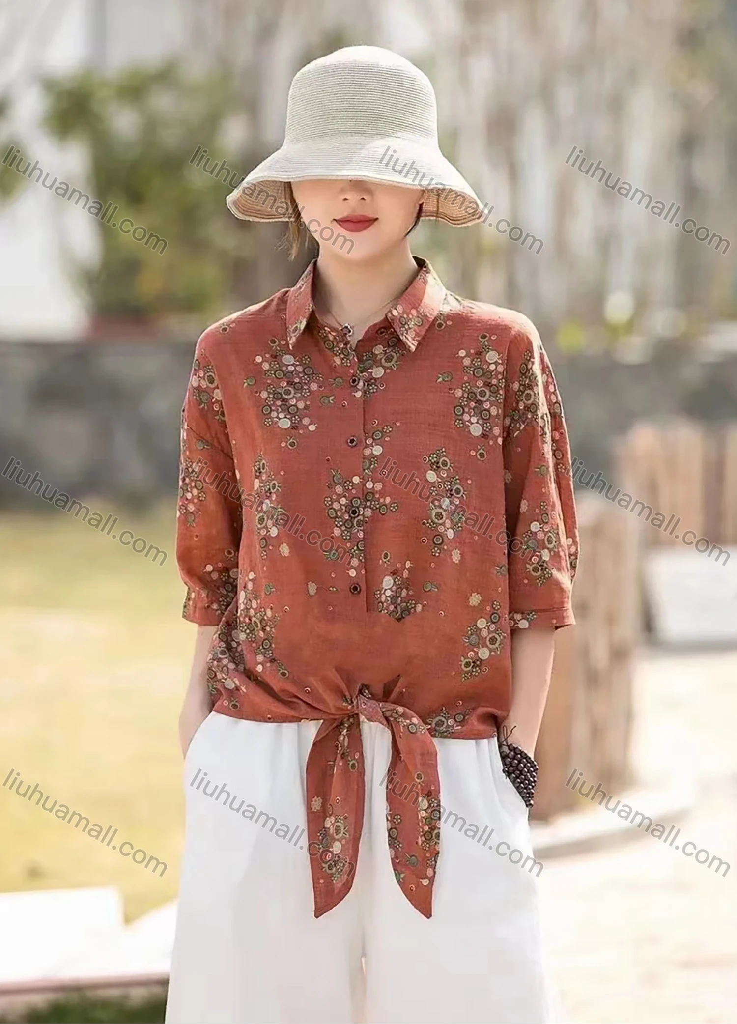 Wholesale Women's Loose Fit Half Sleeve Collared Blouse Floral Print Casual Shirt - Liuhuamall