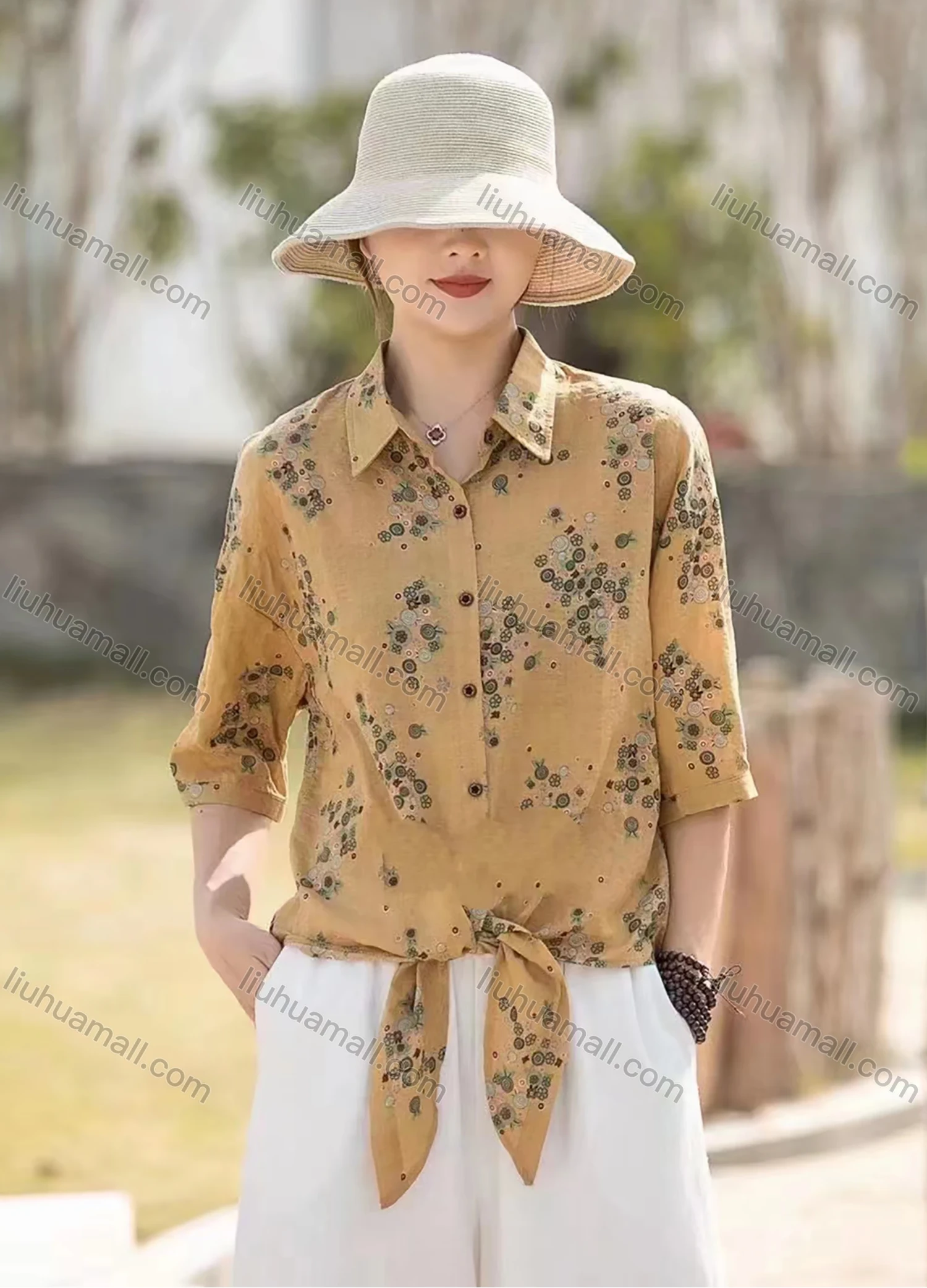 Wholesale Women's Loose Fit Half Sleeve Collared Blouse Floral Print Casual Shirt - Liuhuamall
