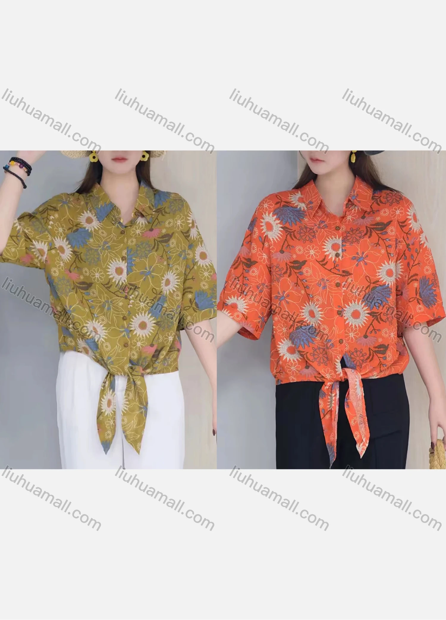 Wholesale Women's Linen Half Sleeve Collared Loose Fit Blouse Button Down Flora Print Shirt - Liuhuamall