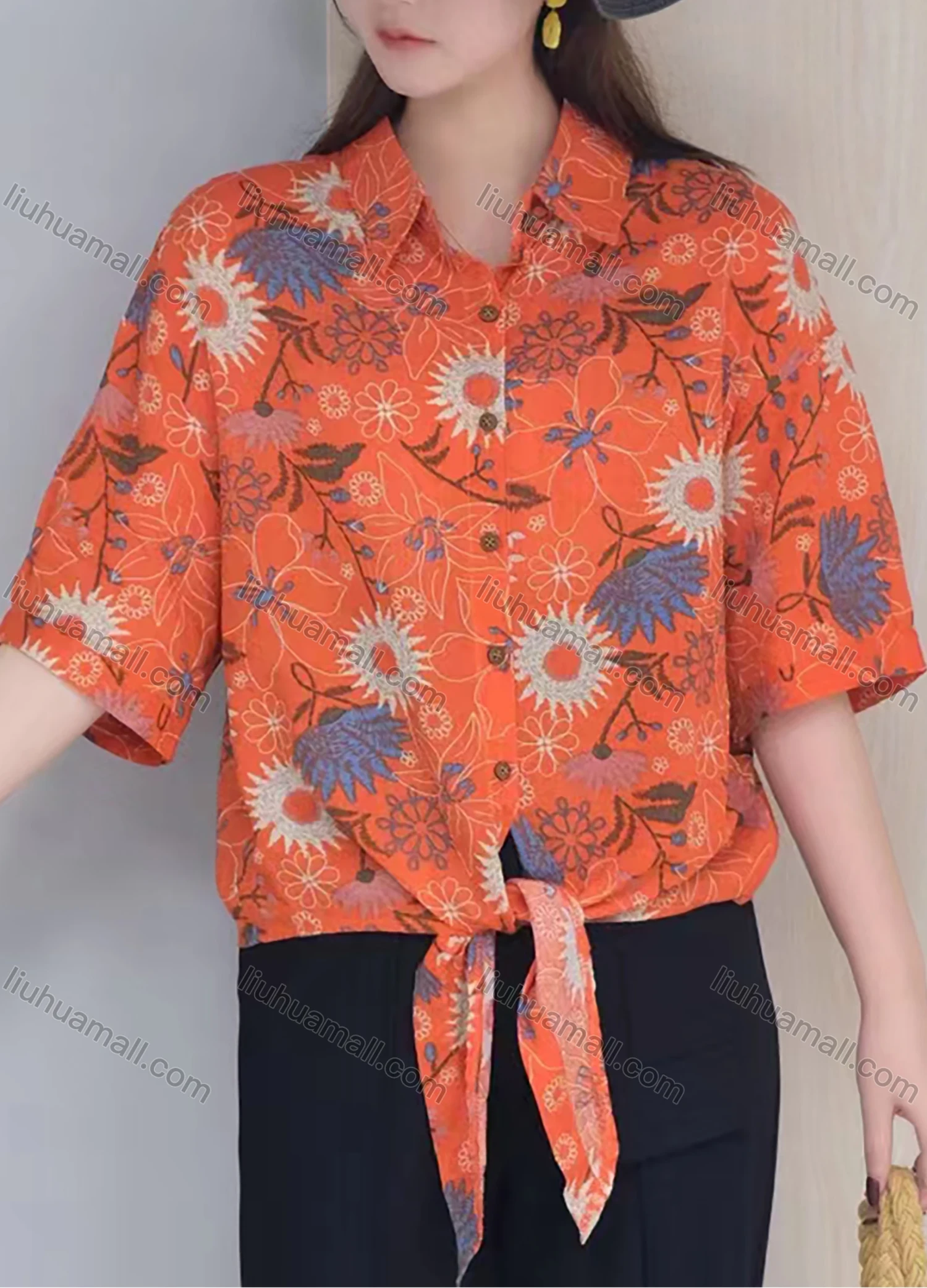 Wholesale Women's Linen Half Sleeve Collared Loose Fit Blouse Button Down Flora Print Shirt - Liuhuamall