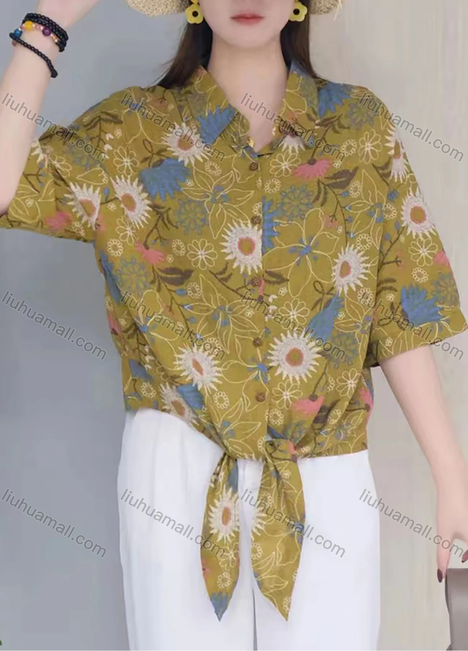 Wholesale Women's Linen Half Sleeve Collared Loose Fit Blouse Button Down Flora Print Shirt - Liuhuamall