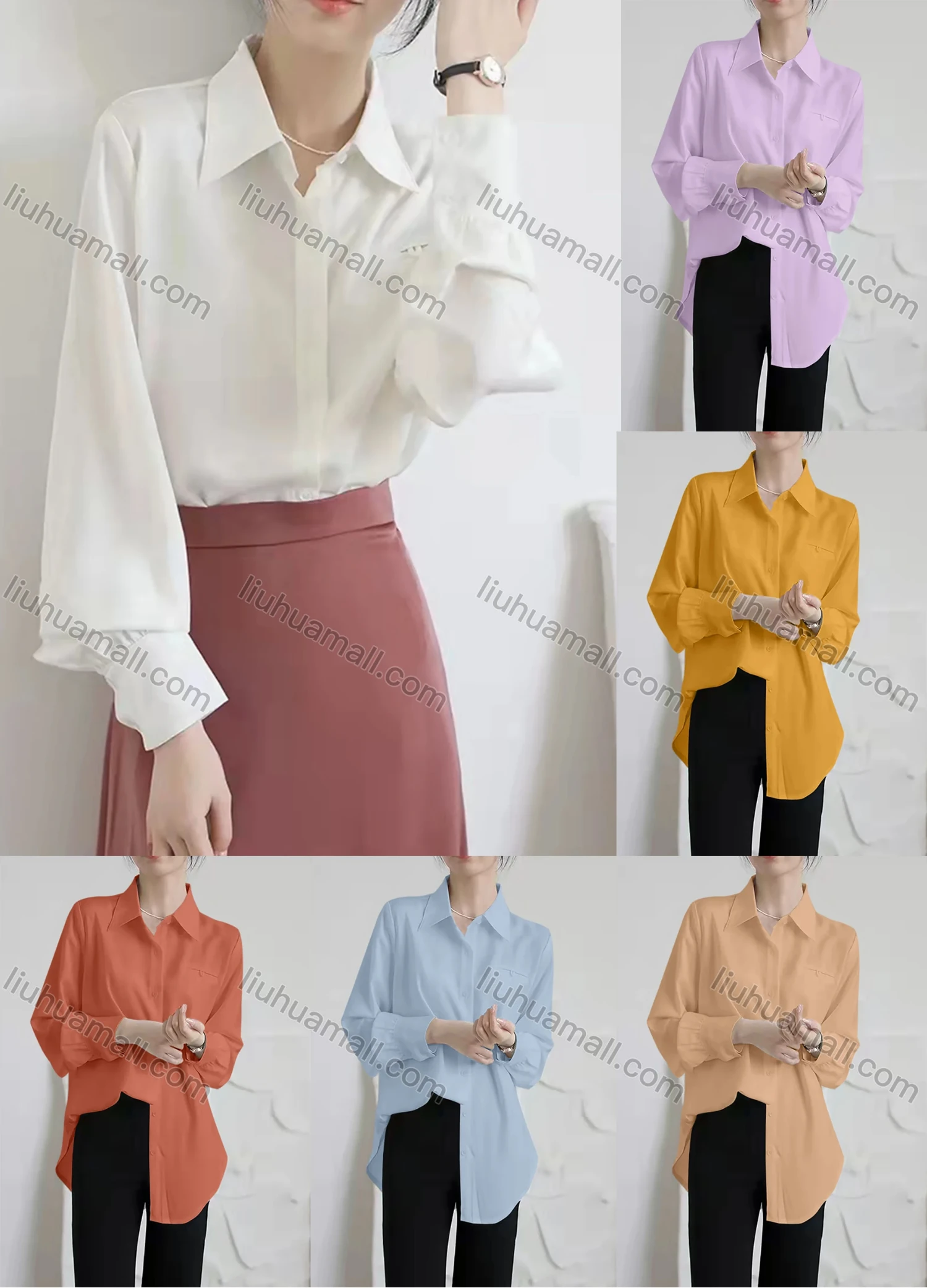 Wholesale Women's Elegant Collared Long Sleeve Button Down Plain Shirts - Liuhuamall