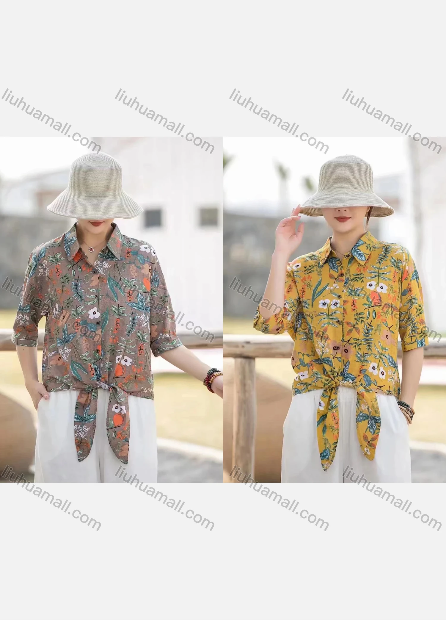 Wholesale Women's Linen Leisure Collared Knot Botton Down Blouse Plant & Floral Print Half Sleeve Shirt - Liuhuamall