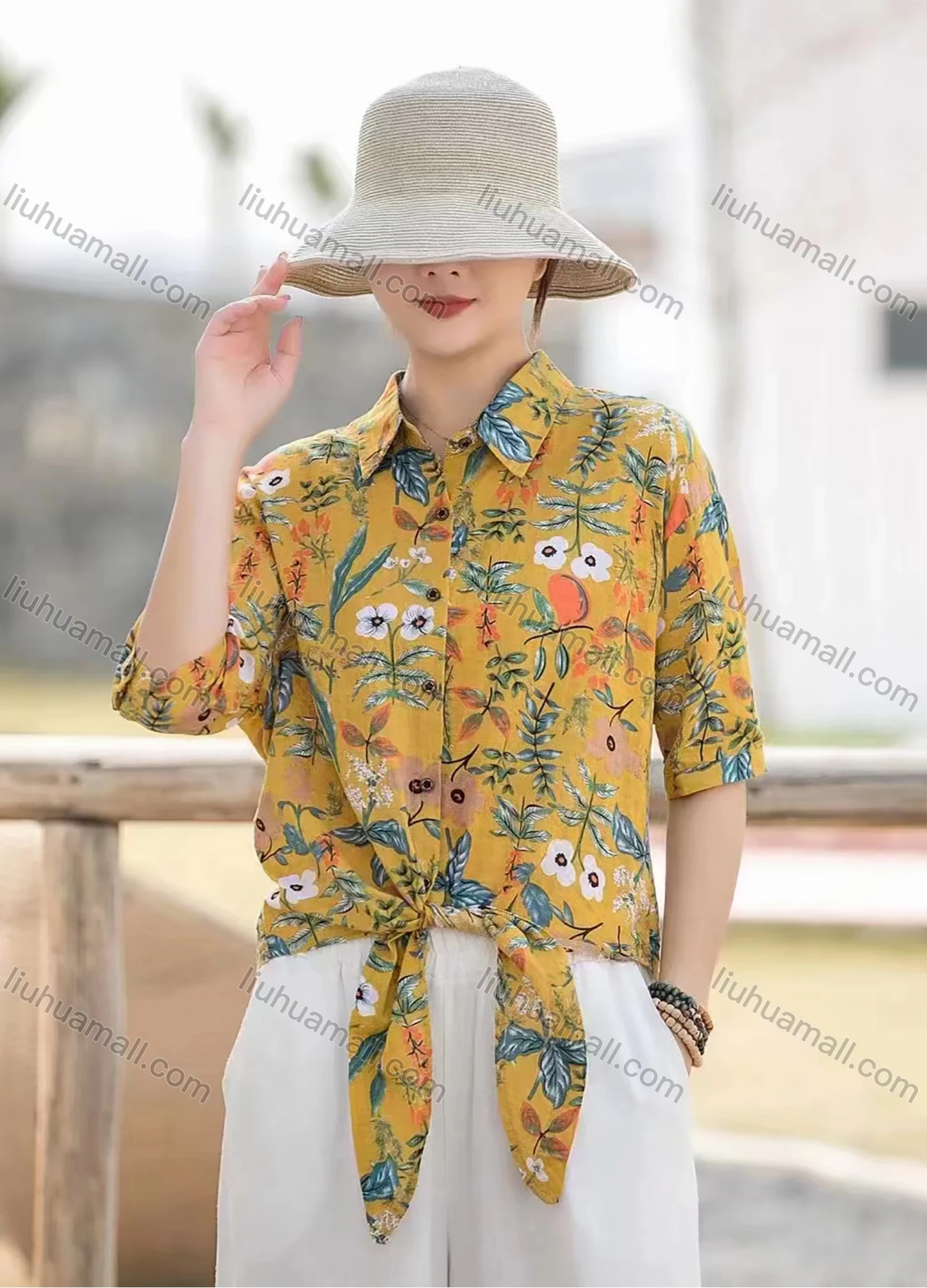 Wholesale Women's Linen Leisure Collared Knot Botton Down Blouse Plant & Floral Print Half Sleeve Shirt - Liuhuamall
