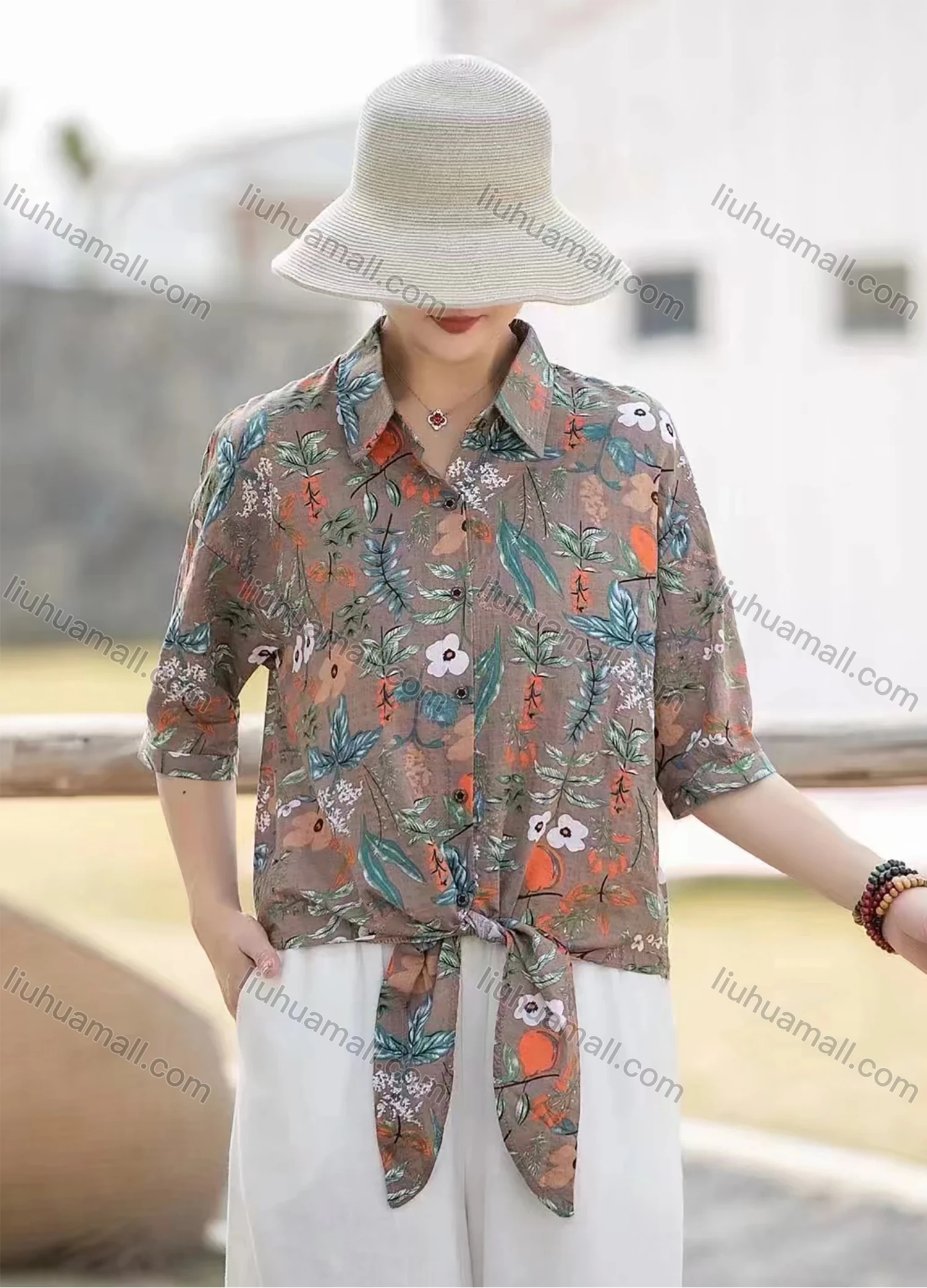 Wholesale Women's Linen Leisure Collared Knot Botton Down Blouse Plant & Floral Print Half Sleeve Shirt - Liuhuamall
