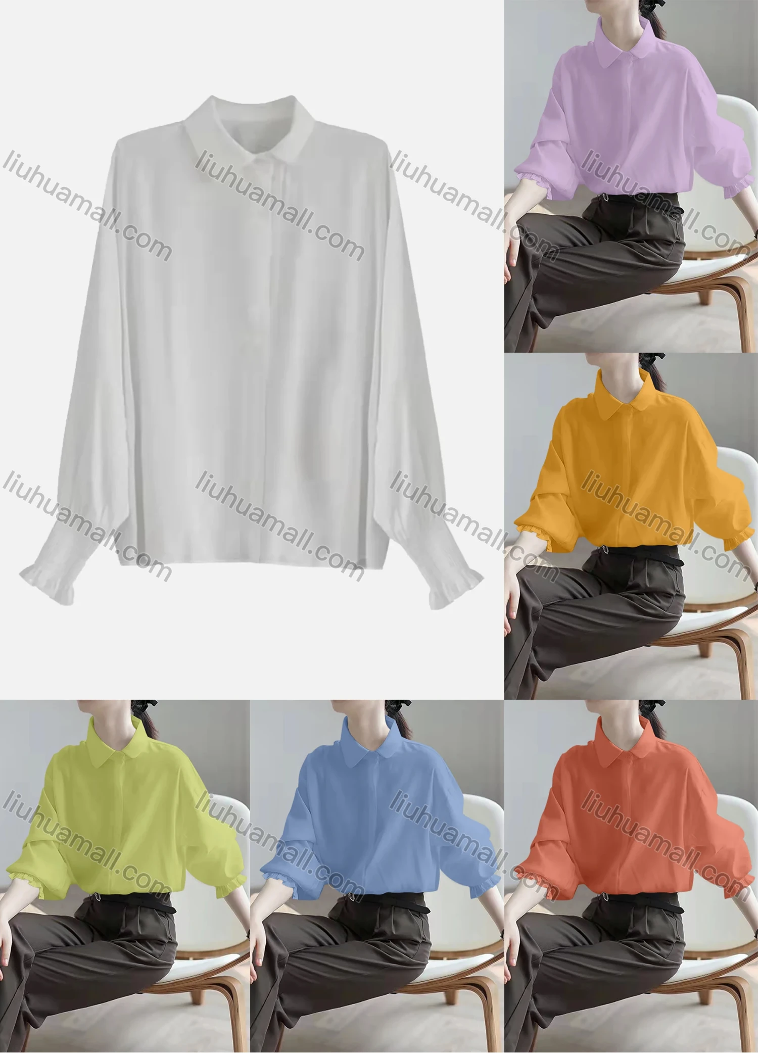 Wholesale Women's Casual Collared Bishop Sleeve Button Down Shirred Ruffle Trim Plain Shirts 097445# - Liuhuamall