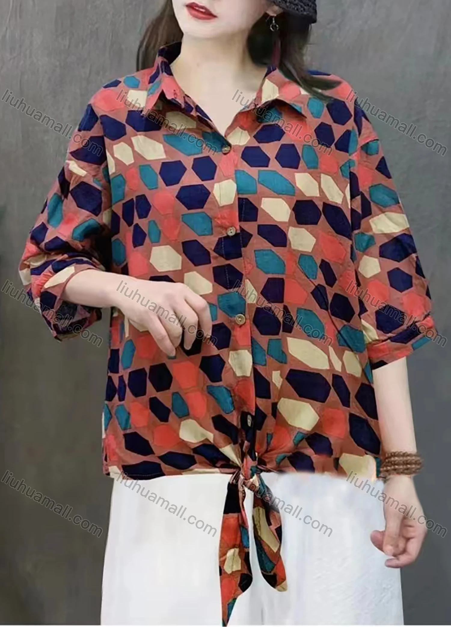 Wholesale Women's Linen Loose Fit 3/4 Sleeve Collared Knot Botton Down Blouse Geometric Print Shirt - Liuhuamall