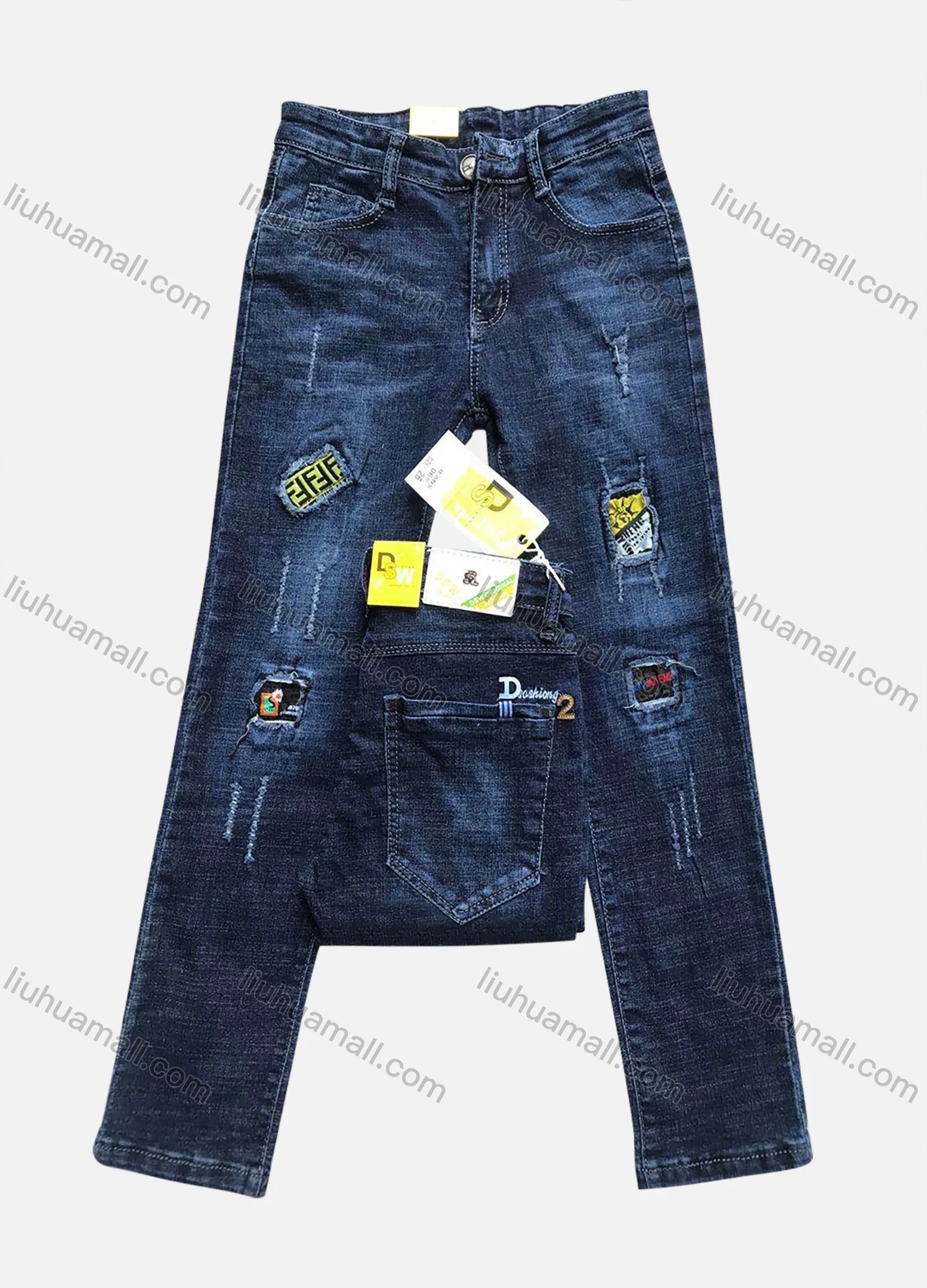 Wholesale Boys Button Pockets Frayed Patched Labelled Embroidered Letter Plain Casual Jean 06-2# - Liuhuamall