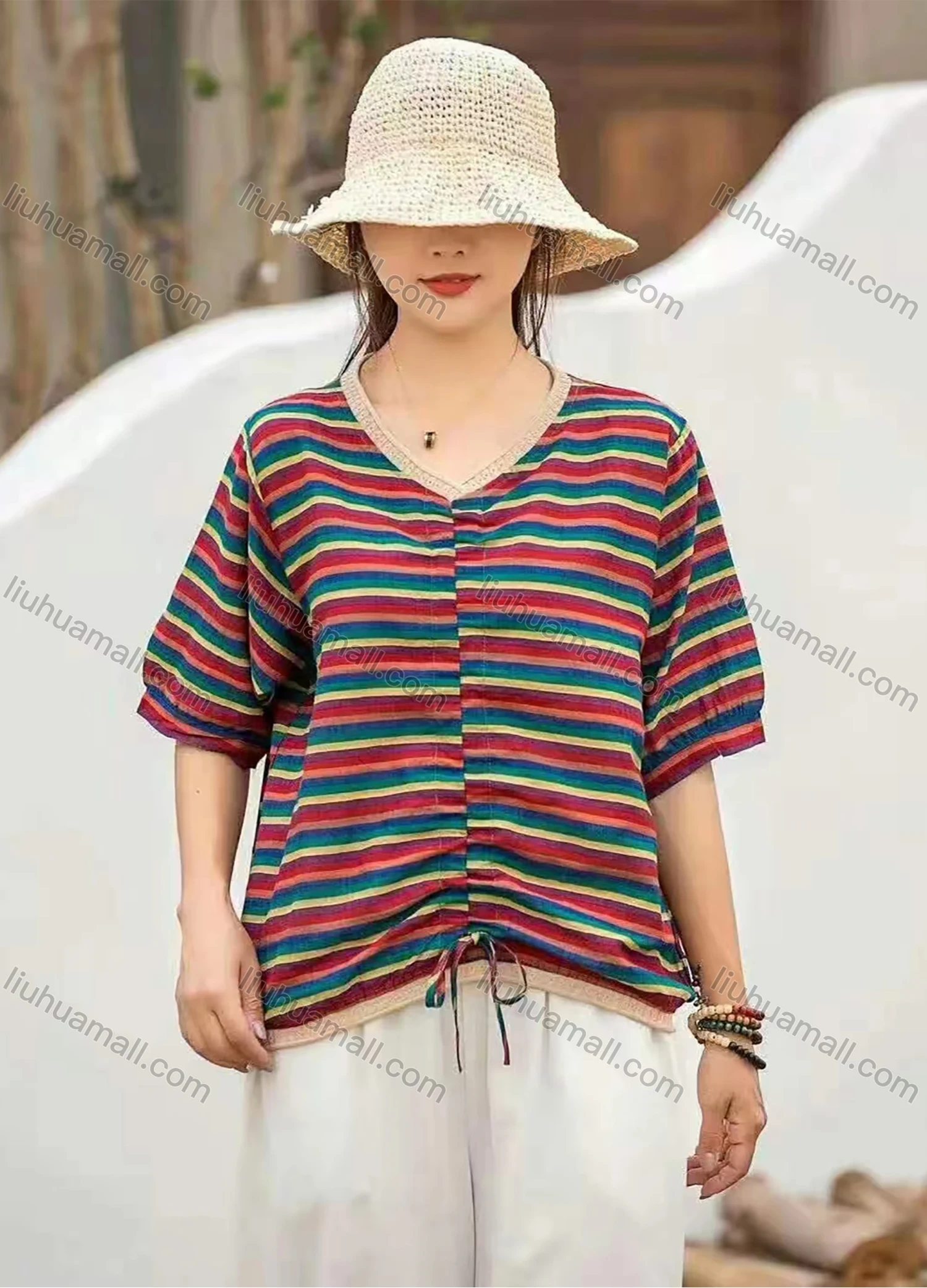 Wholesale Women's Casual Comfort V Neck Top Half Sleeve Colorblock Striped Blouse With Drawstring - Liuhuamall