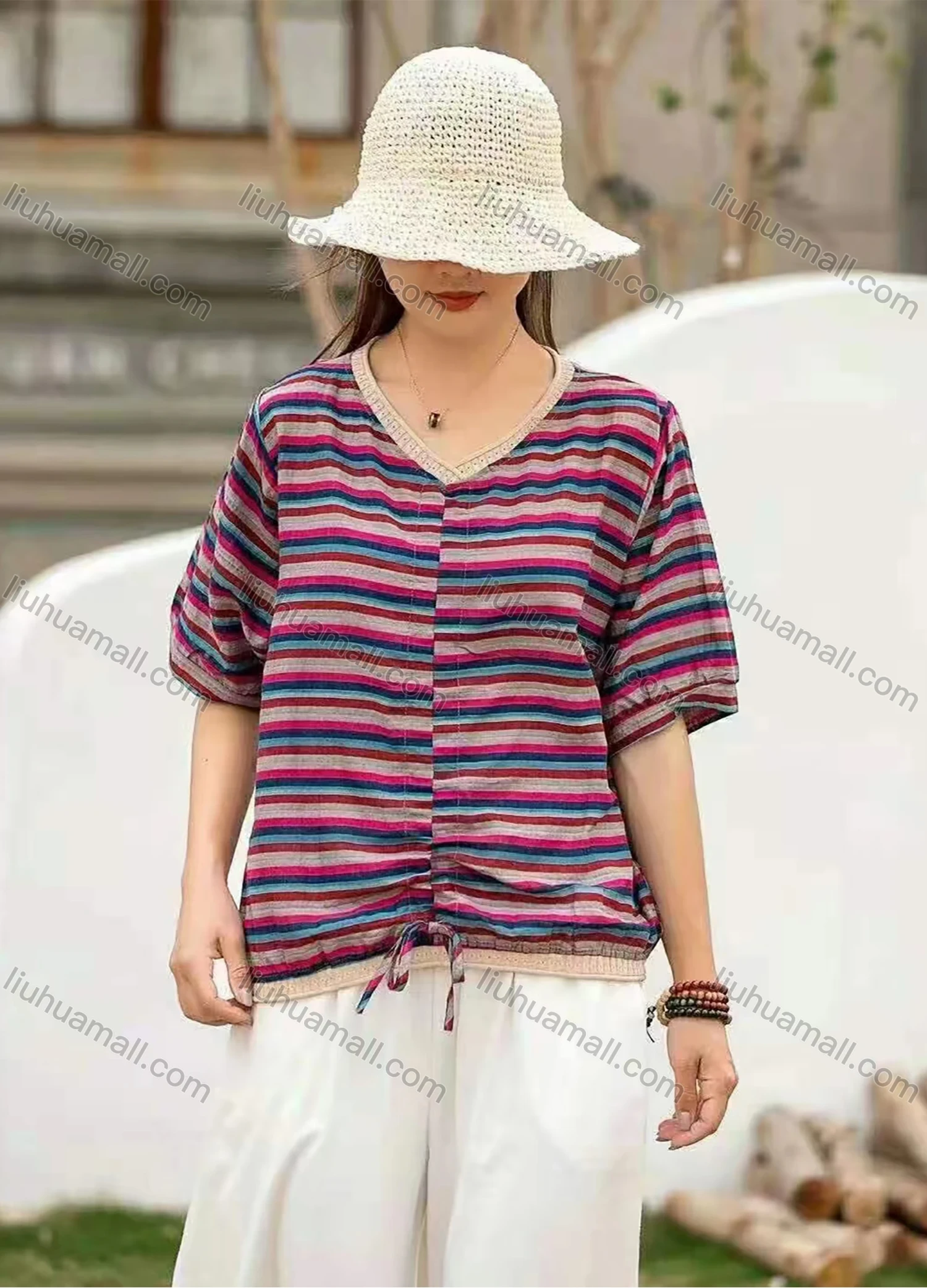 Wholesale Women's Casual Comfort V Neck Top Half Sleeve Colorblock Striped Blouse With Drawstring - Liuhuamall