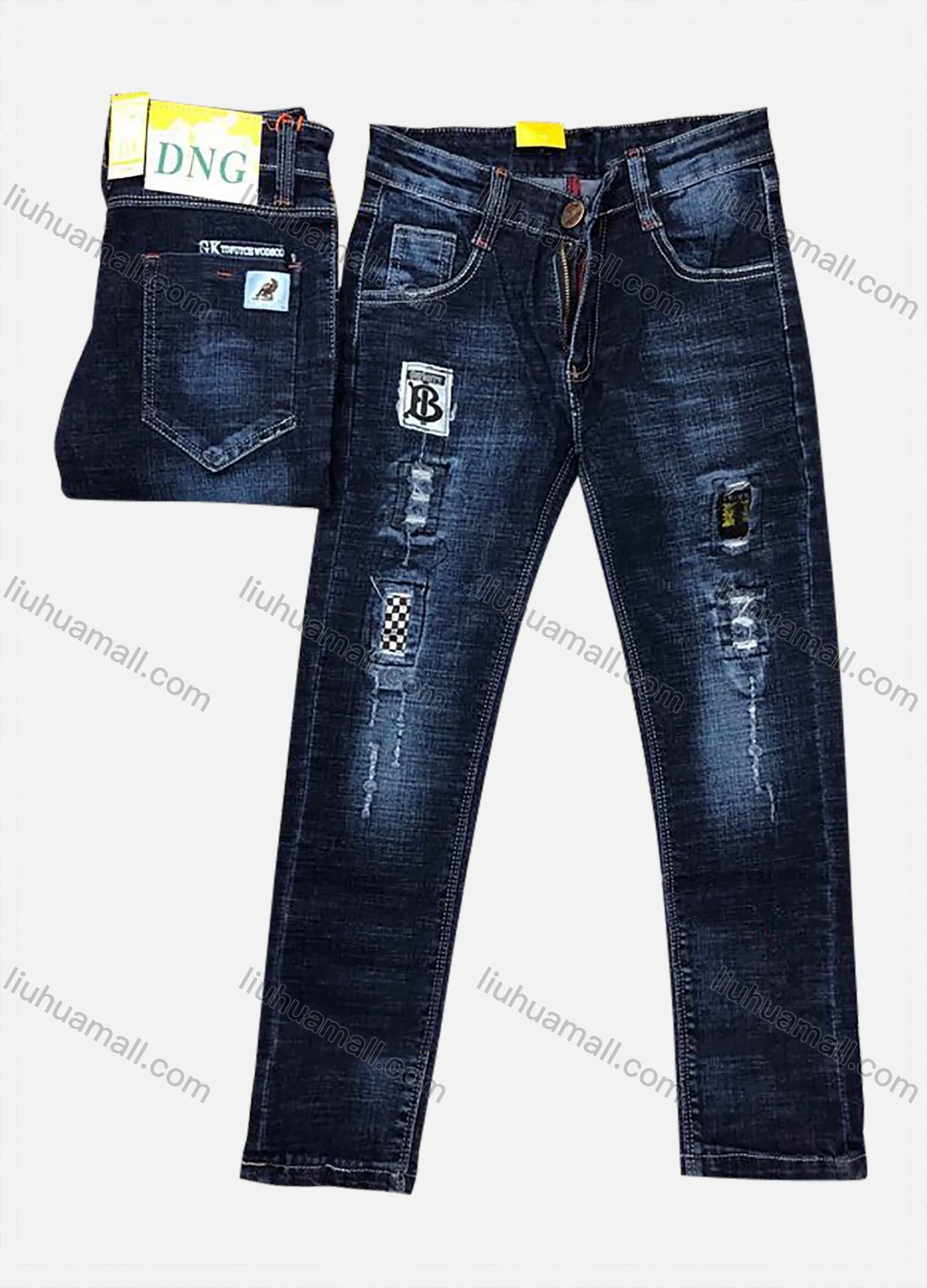 Wholesale Boys Zipper Pockets Frayed Patched Labelled Embroidered Letter Plain Jean 02# - Liuhuamall
