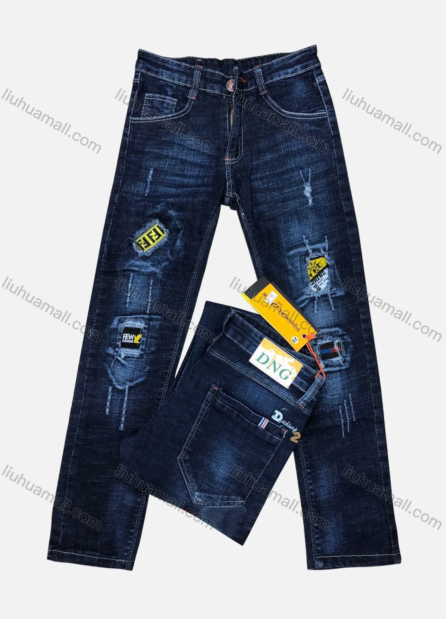 Wholesale Boys Zipper Pockets Frayed Patched Labelled Embroidered Plain Jean 06# - Liuhuamall